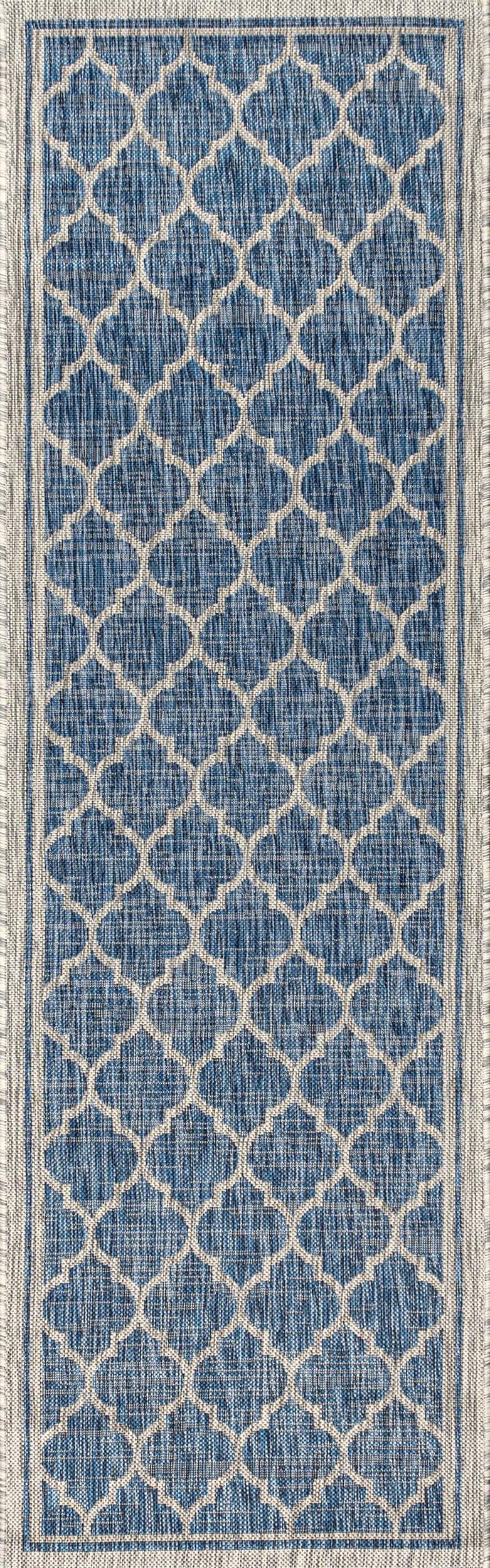 2' X 10' Trebol Moroccan Trellis Textured Weave Indoor/Outdoor Runner Rug, Navy/Gray - JONATHAN Y