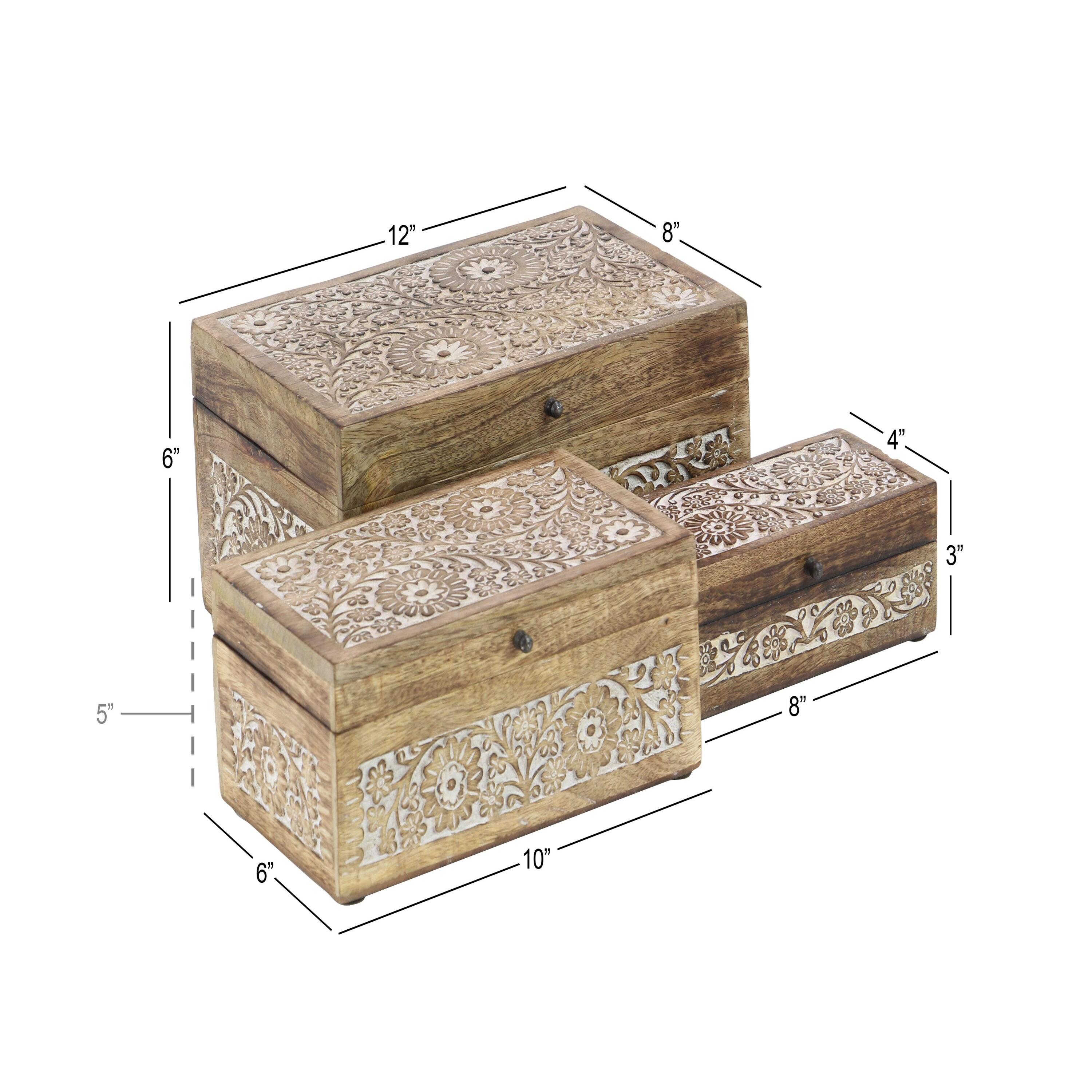 Set of 3 Mango Wood Carved Floral Boxes - Olivia & May: Coastal Style with Lids, Indoor Use, Non-Slip Base