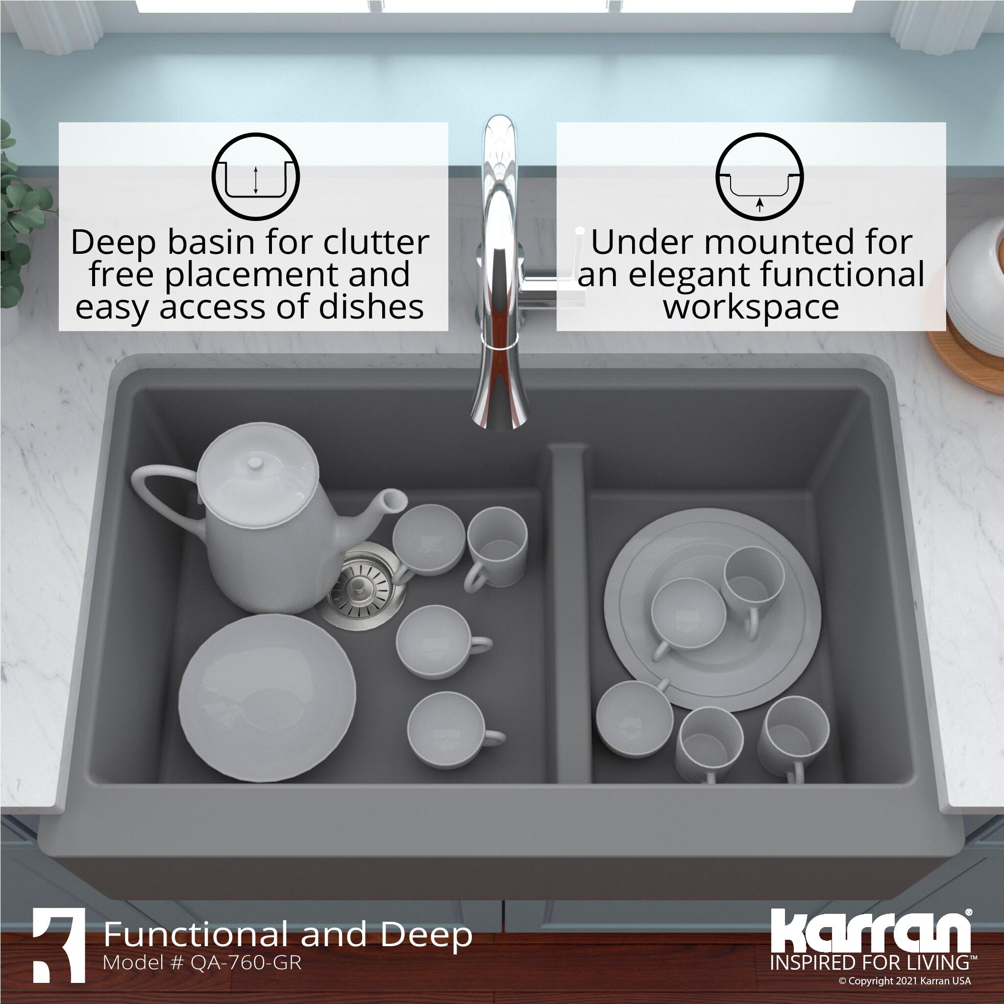 Karran Quartz 34'' X 21-1/4'' 60/40 Double Bowl Farmhouse/Apron Front Kitchen Sink Kit