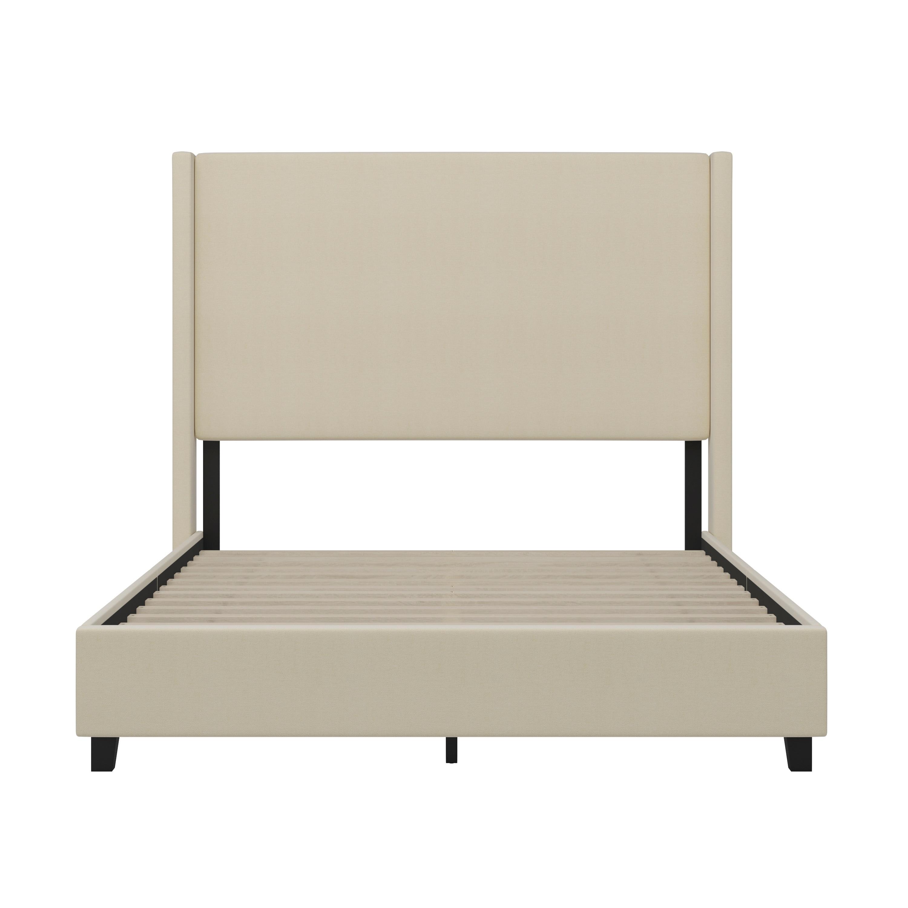 Flash Furniture Quinn Queen Upholstered Platform Bed with Channel Stitched Wingback Headboard, No Box Spring Needed, Beige