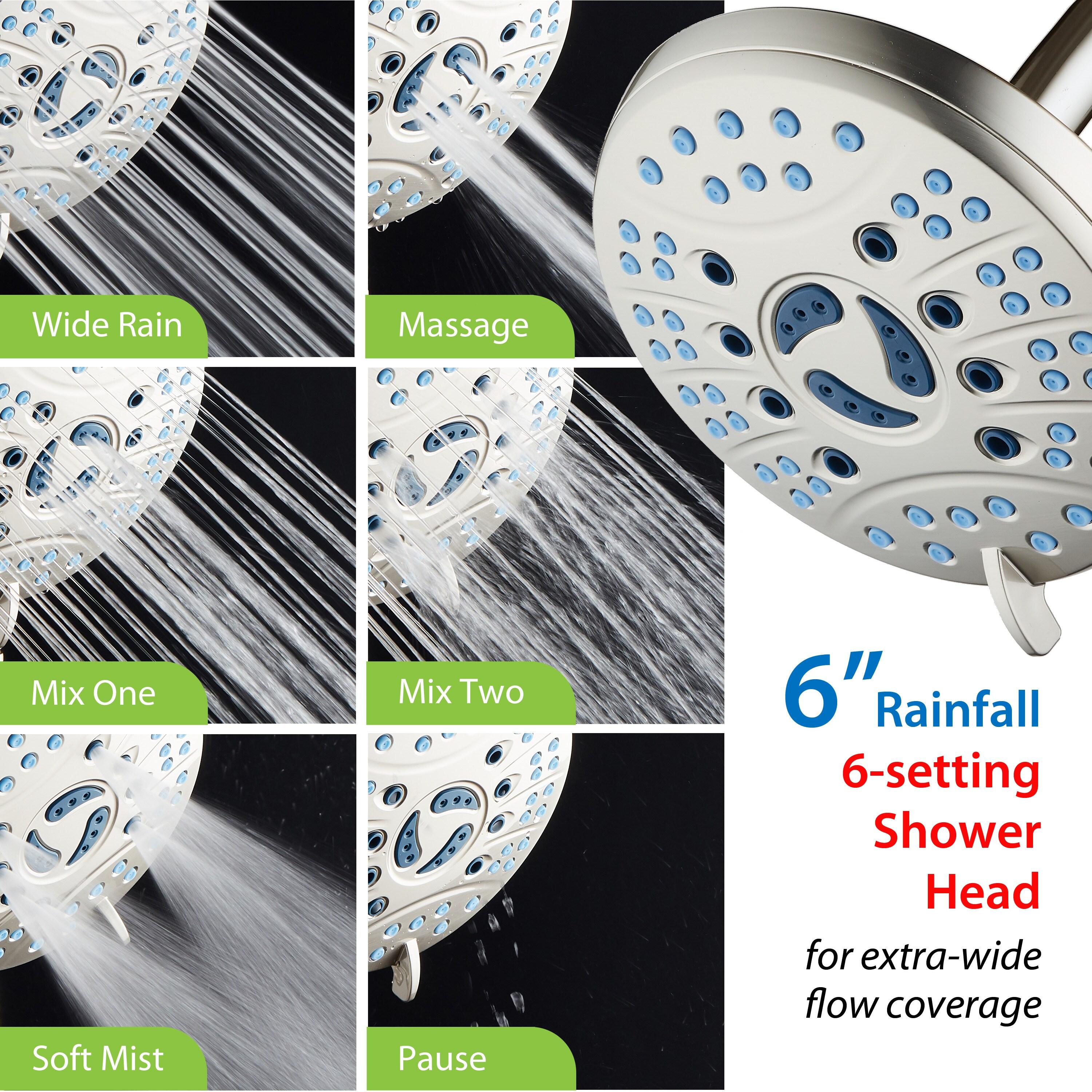 AquaCare AS-SEEN-ON-TV High Pressure 6-setting 6 inch Rainfall Shower Head with GermShield Anti-clog Nozzles Brushed