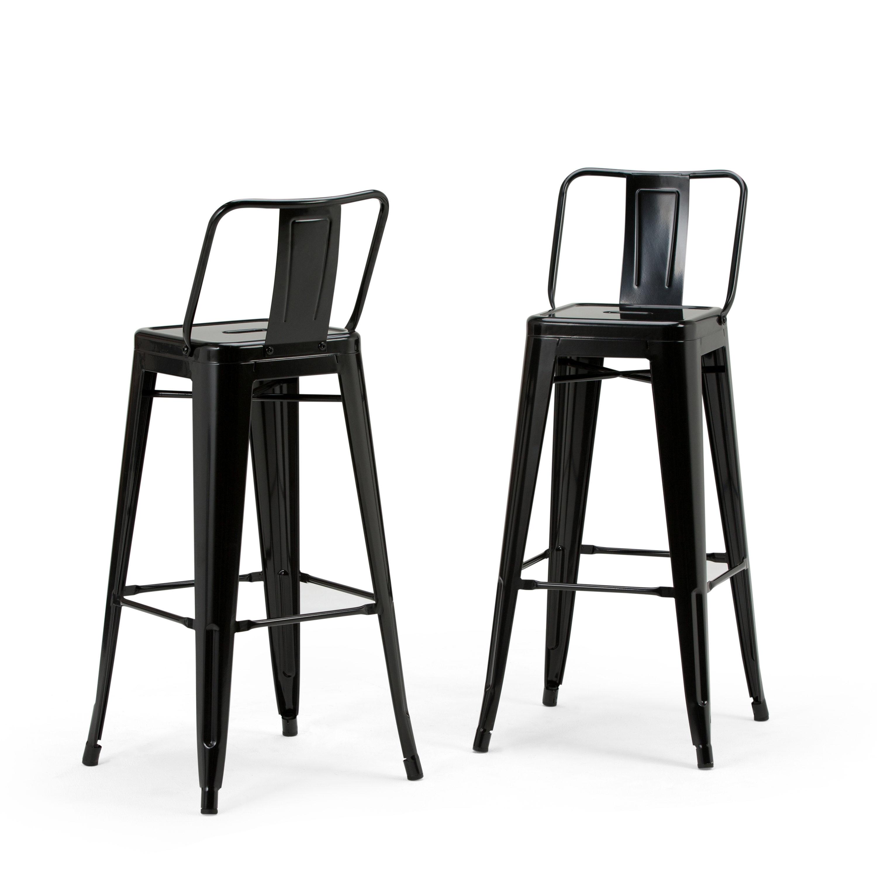 Simpli Home Rayne Metal Industrial Stool with Curved Back, Cross-Brace, and Footrest