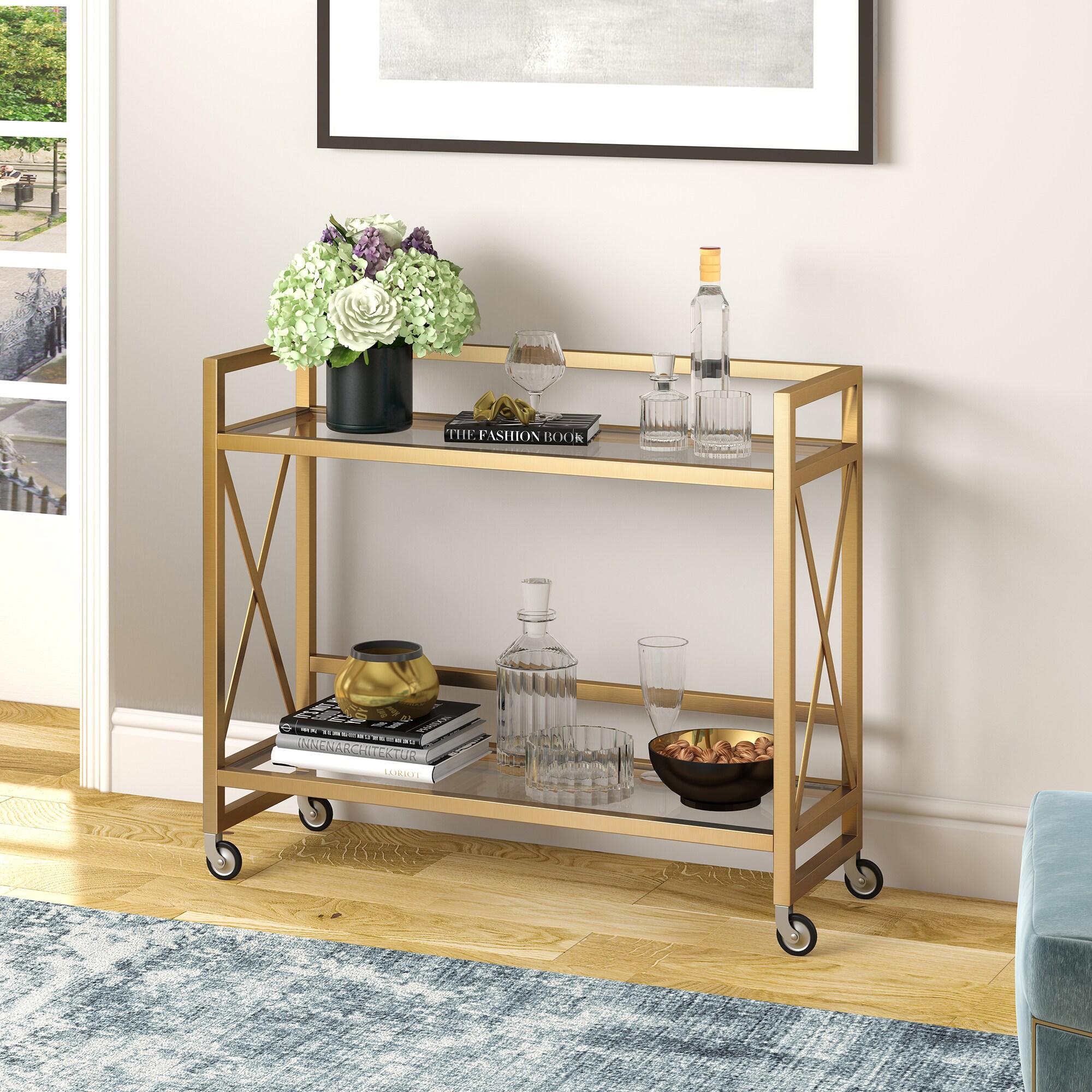 Evelyn&Zoe 38" Brass Metal/Glass Bar Cart