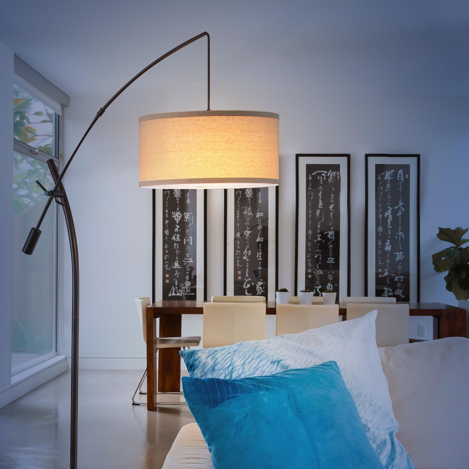 Brightech Grayson 84 in. Mid-Century Modern Height-Adjustable LED Arched Floor Lamp with Beige Fabric Drum Shade