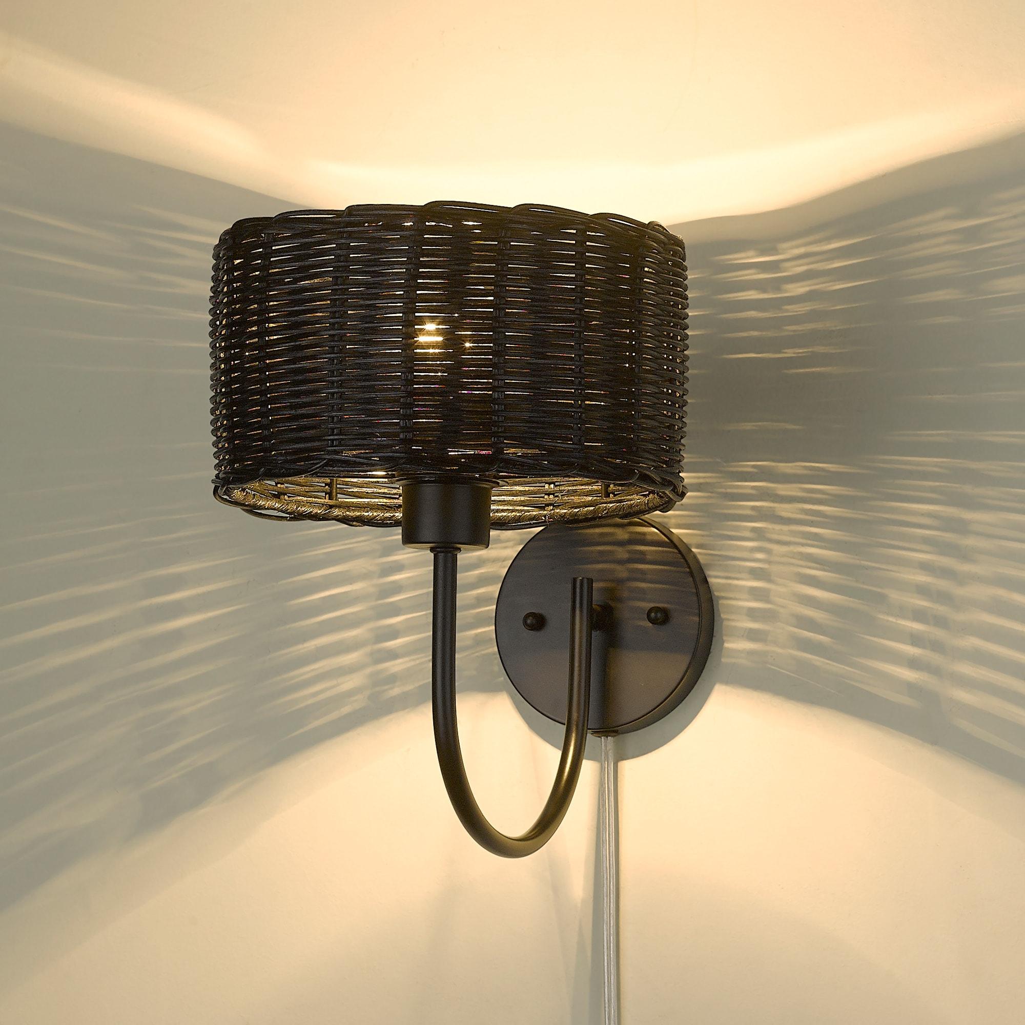 Golden Lighting Erma 1-Light Wall Sconce in Matte Black with Black Wicker
