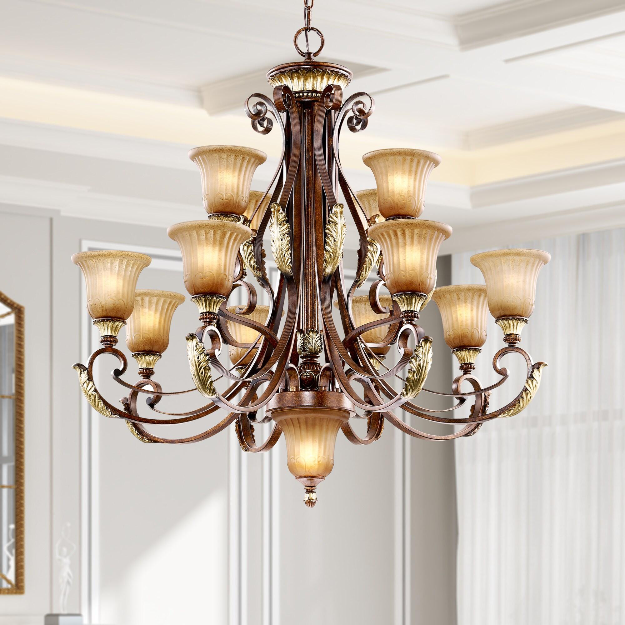 Villa Verona 13-Light Chandelier in Bronze with Rustic Art Glass