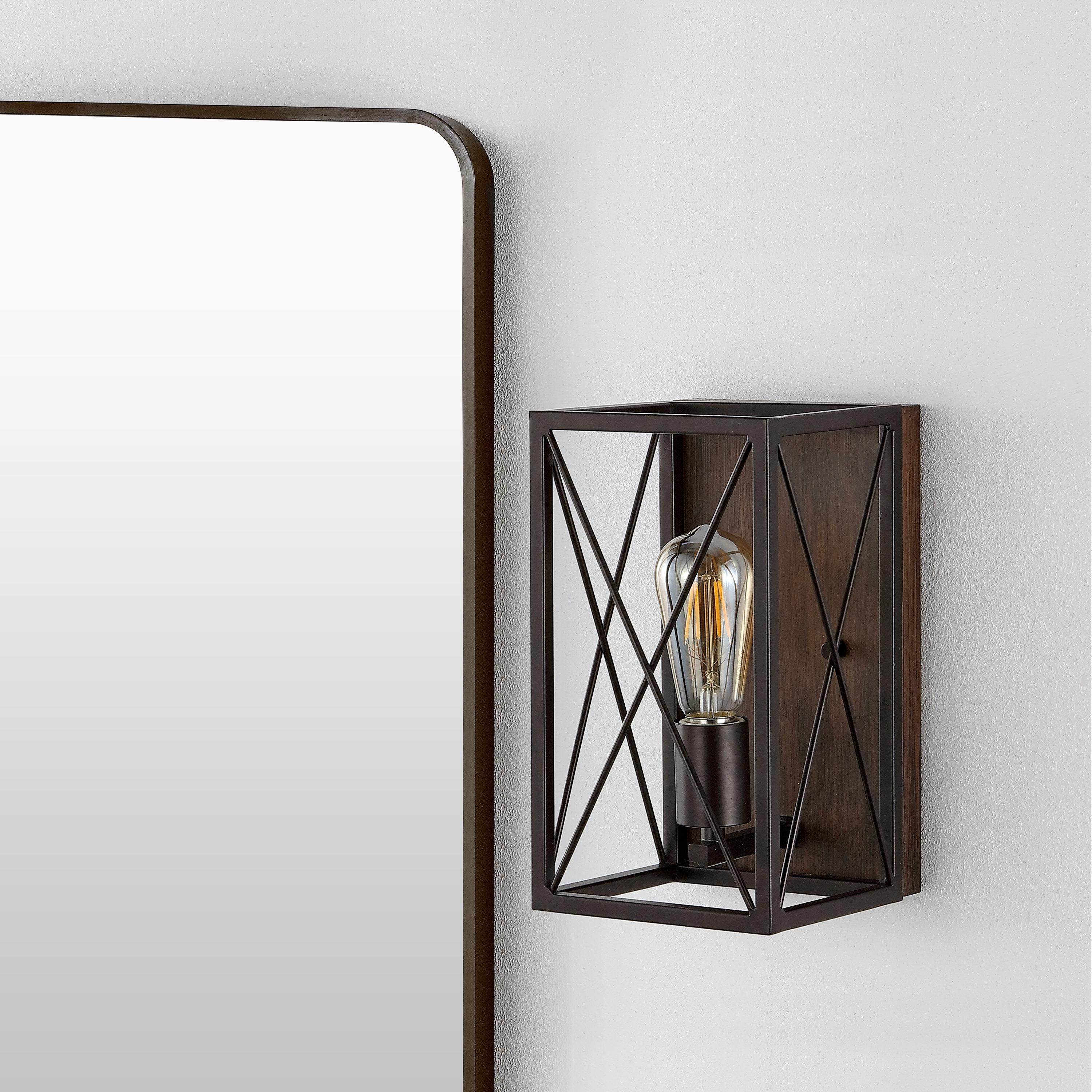 JONATHAN Y Norris X-Frame 6" 1-Light Farmhouse Rustic Iron LED Sconce, Oil Rubbed Bronze/Wood Finish