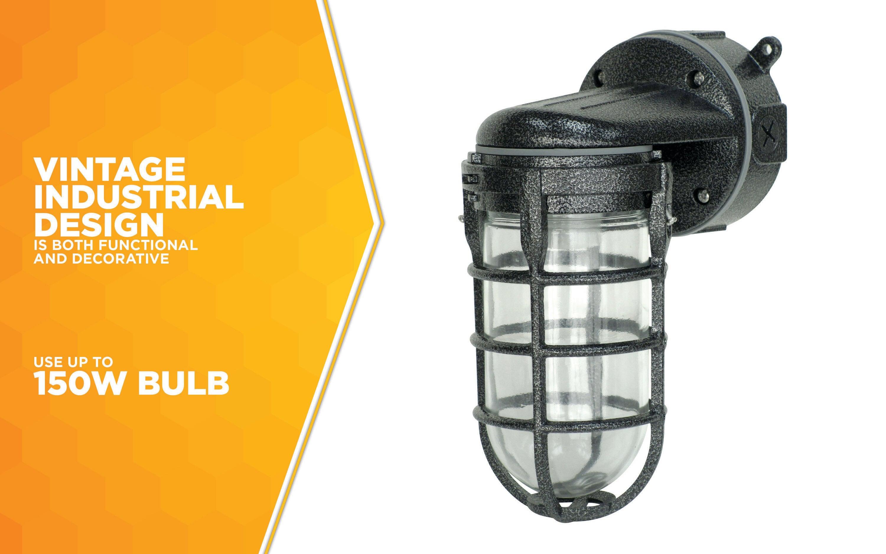 Woods L1707SVBLK Wall Mount Light in Hammered Black Finish Sturdy Die Cast Aluminum Cage, Suitable for Indoor and Outdoor Use