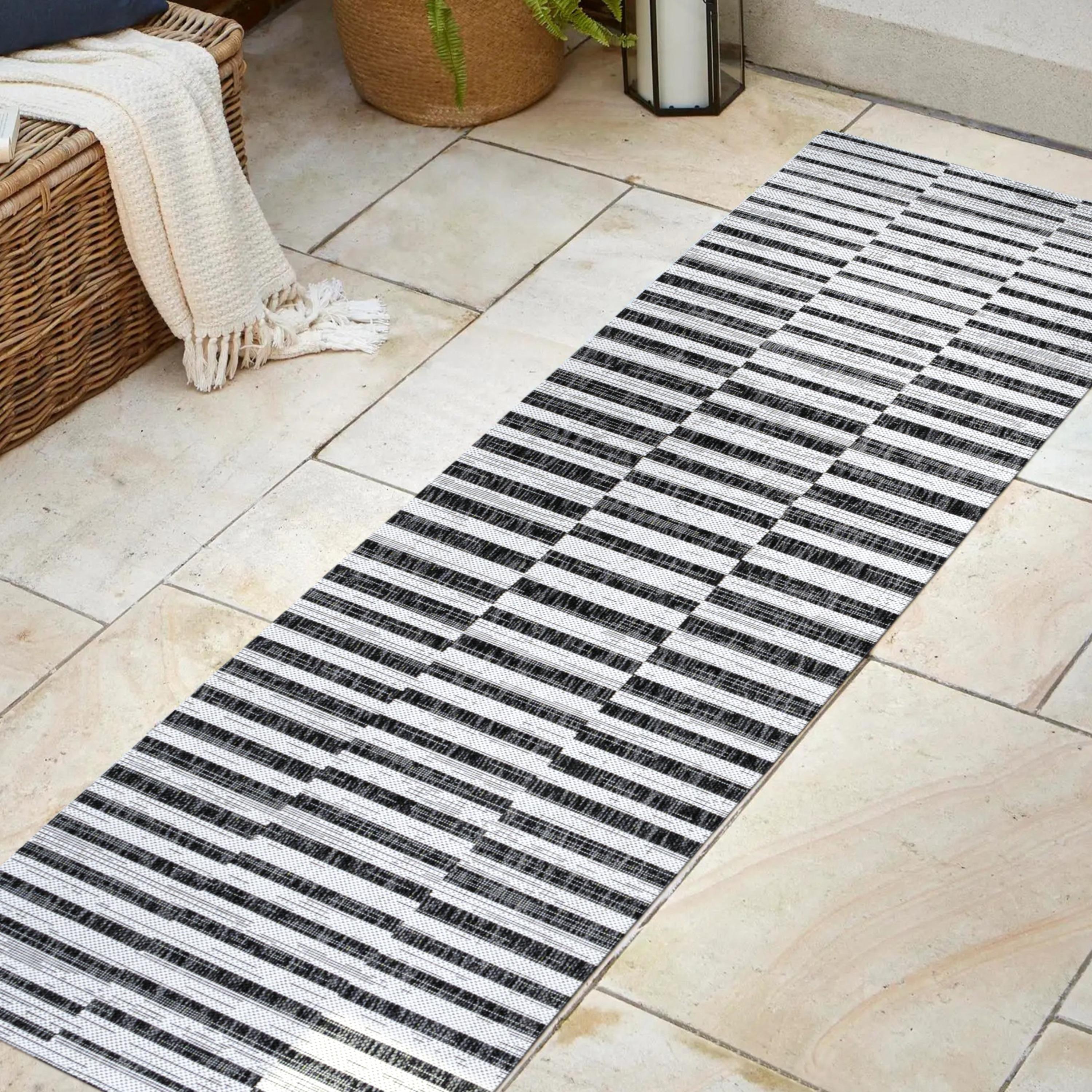 2'x10' Sukie Modern Offset Stripe Indoor/Outdoor Runner Rug, Ivory/Black - JONATHAN Y