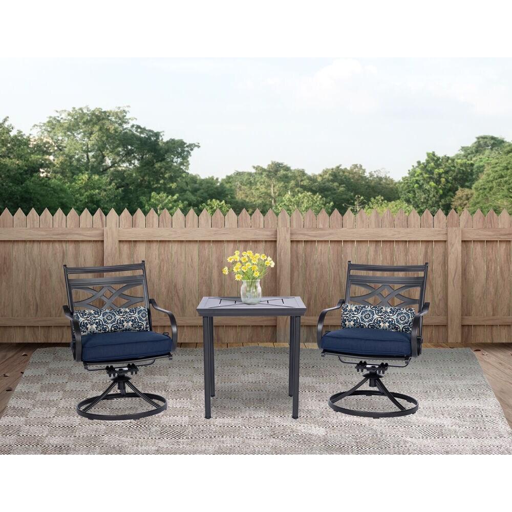 Hanover Montclair 3-Piece All-Weather Outdoor Patio Bistro Dining Set, 2 Swivel Rocker Chairs with Comfortable Seat and Lumbar Cushions, 27" Square Stamped Rectangle Table, MCLRDN3PCSW2-NVY