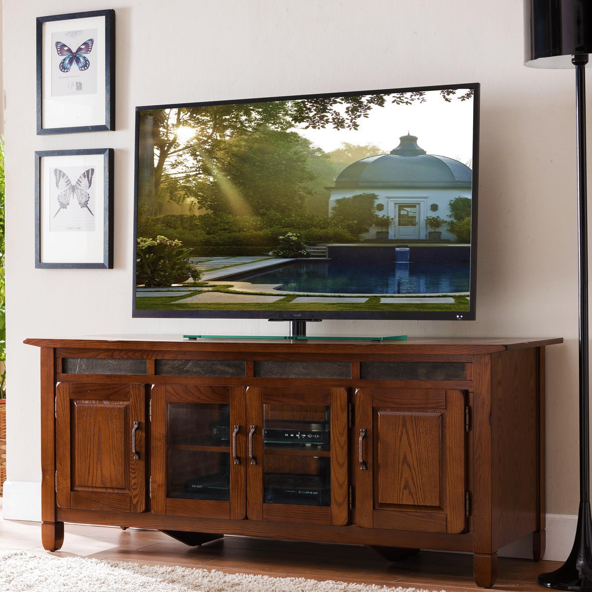 Leick Home 89360 Rustic Oak TV Stand with Slate Tiles and Enclosed Storage For 65" TV, Distressed Rustic Autumn