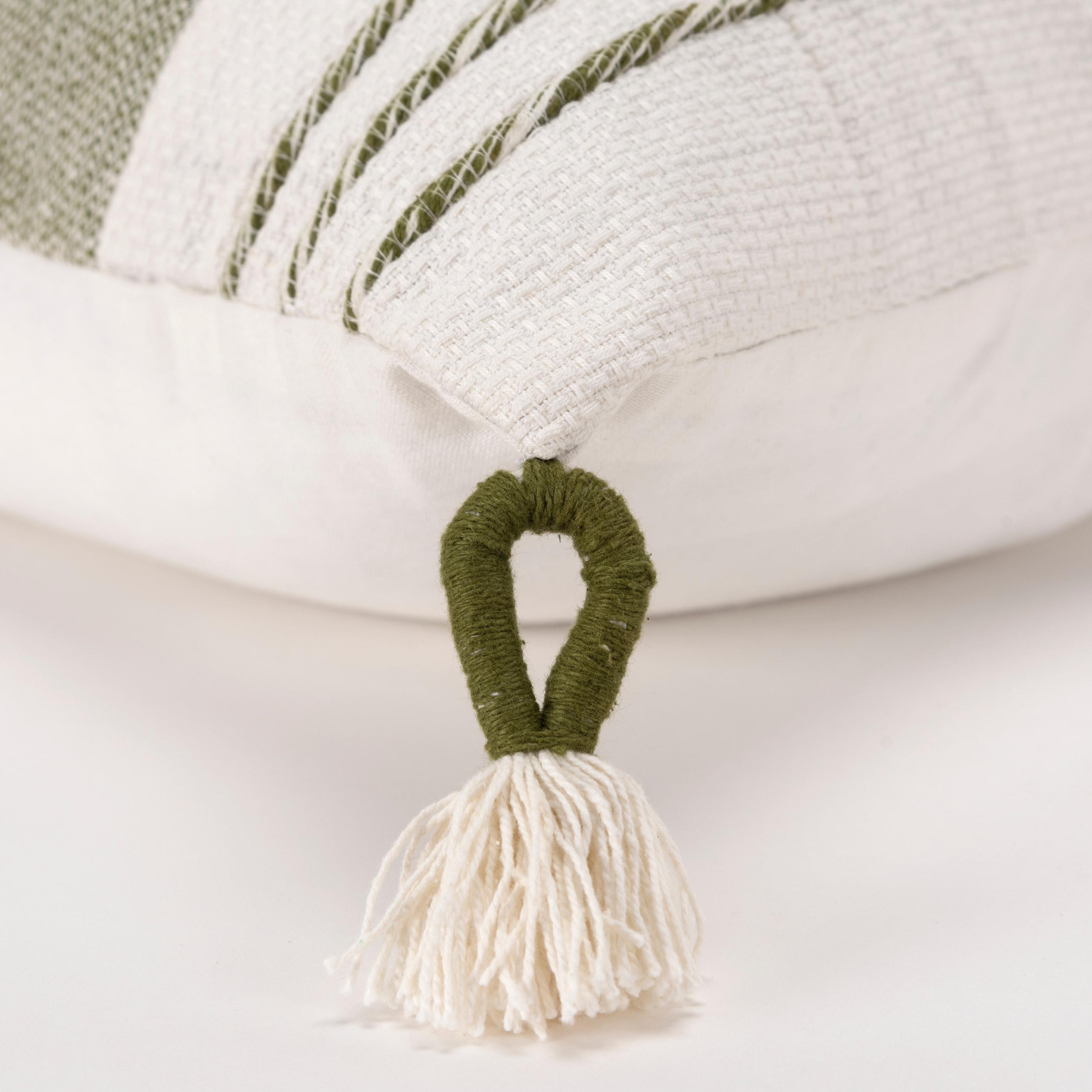 Moss Green and White Cotton Square Decorative Pillow with Tassels