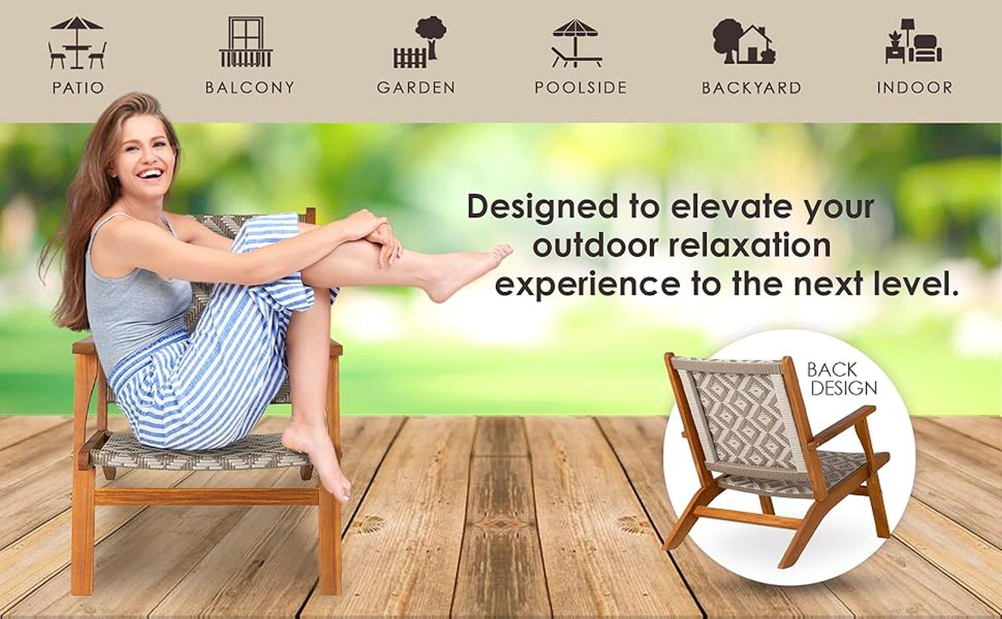 Balkene Home Patio Sense Vega Natural Stain Chair ,Acacia Wood Construction ,Woven Web Seat- Navy Blue Cording