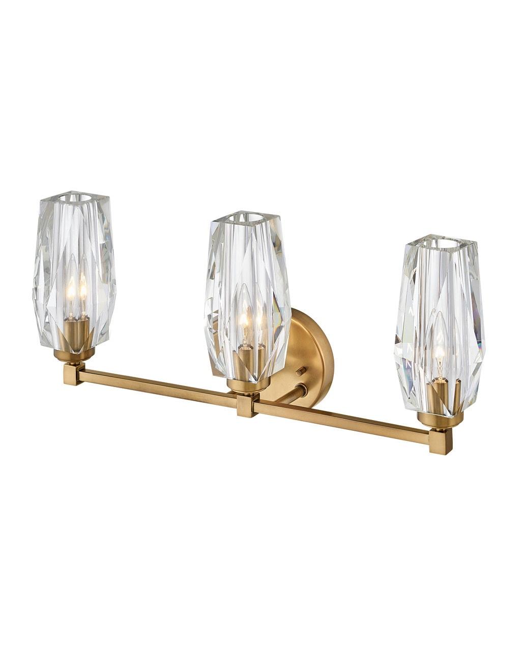 Hinkley Ana 3-Light Bath Vanity w/ Faceted Heavy-Cut Diamond-Shaped Crystal Shades - Heritage Brass