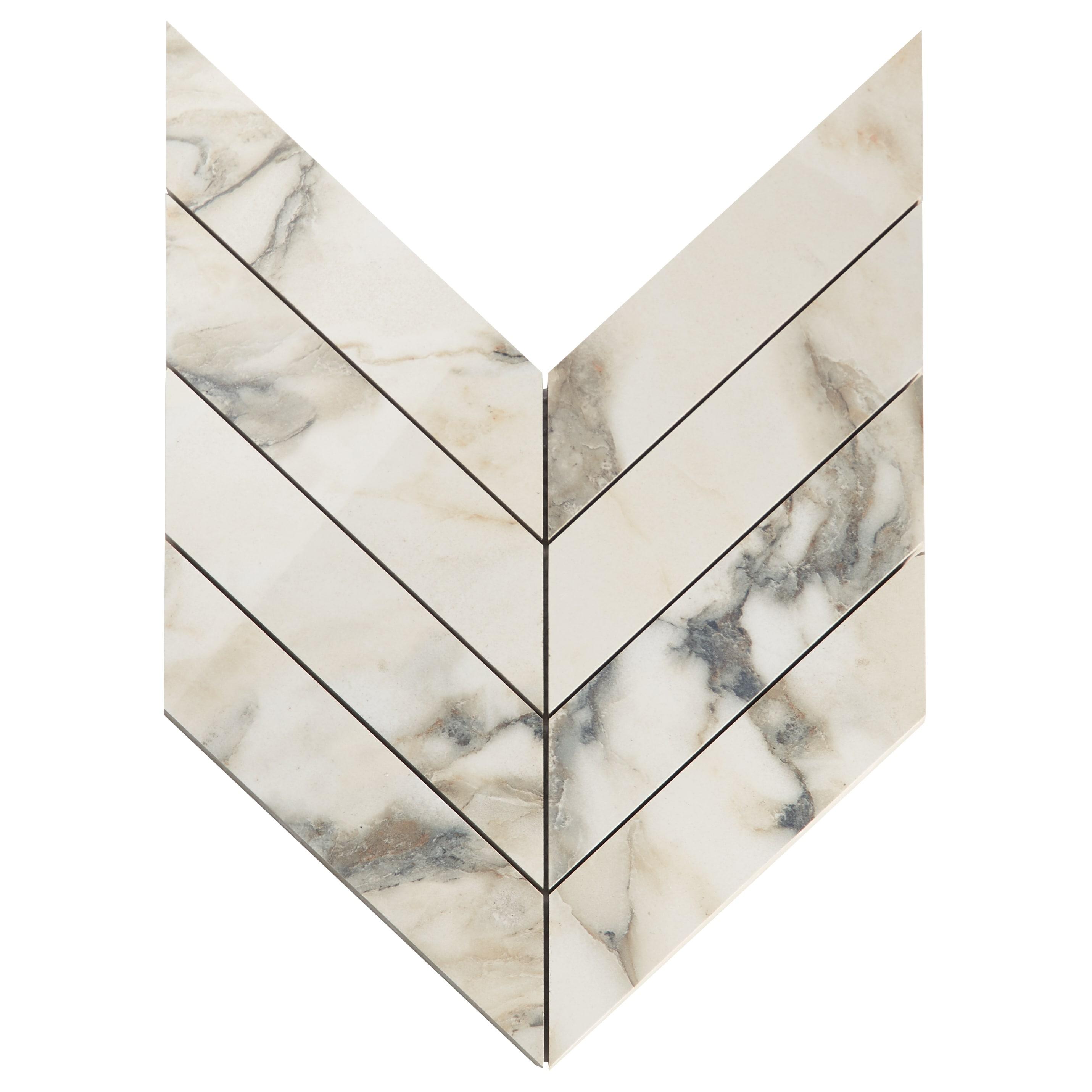 Saroshi 11.02 in. x 11.22 in. Polished Porcelain Marble Look Heringbone Floor and Wall Mosaic Tile