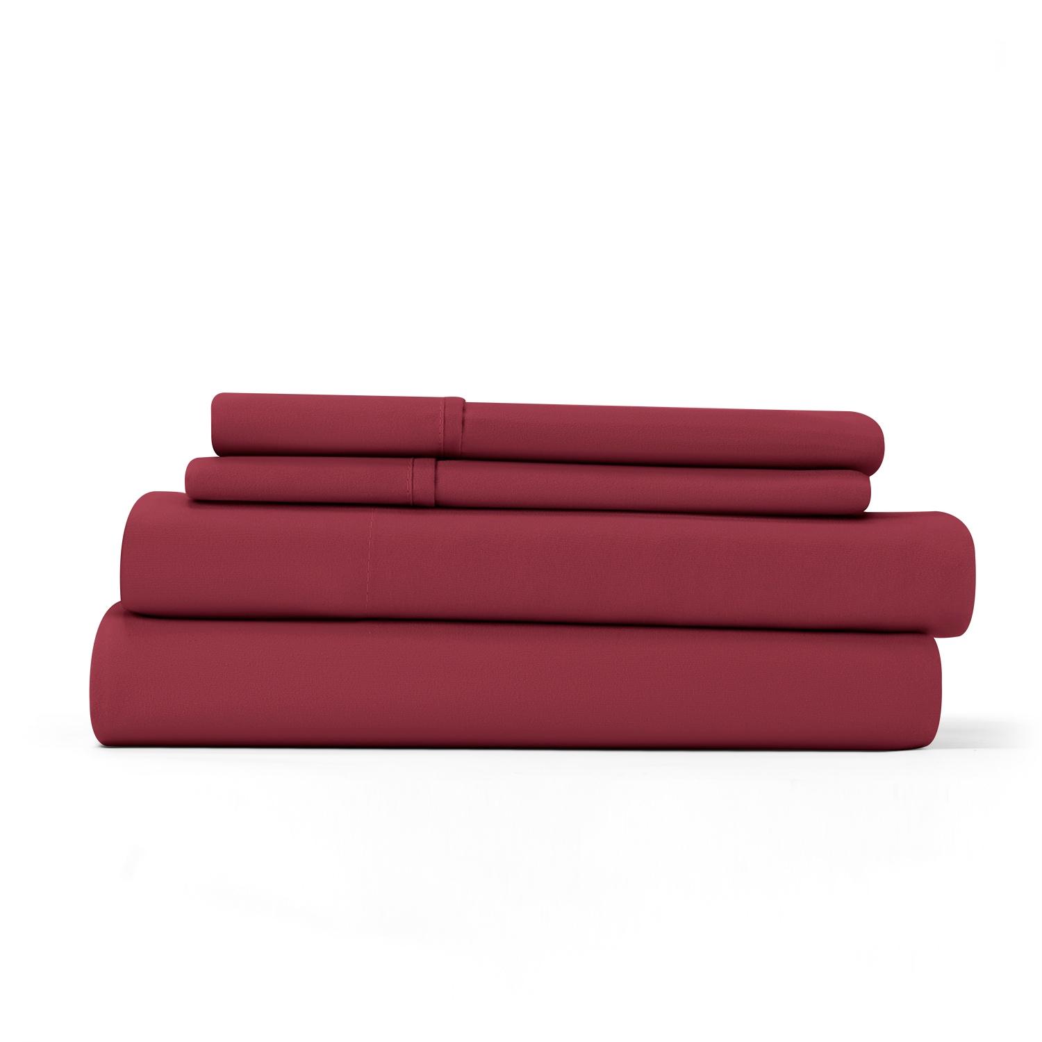 4-Piece Burgundy Solid Microfiber 300 Thread Count Queen Sheet Set