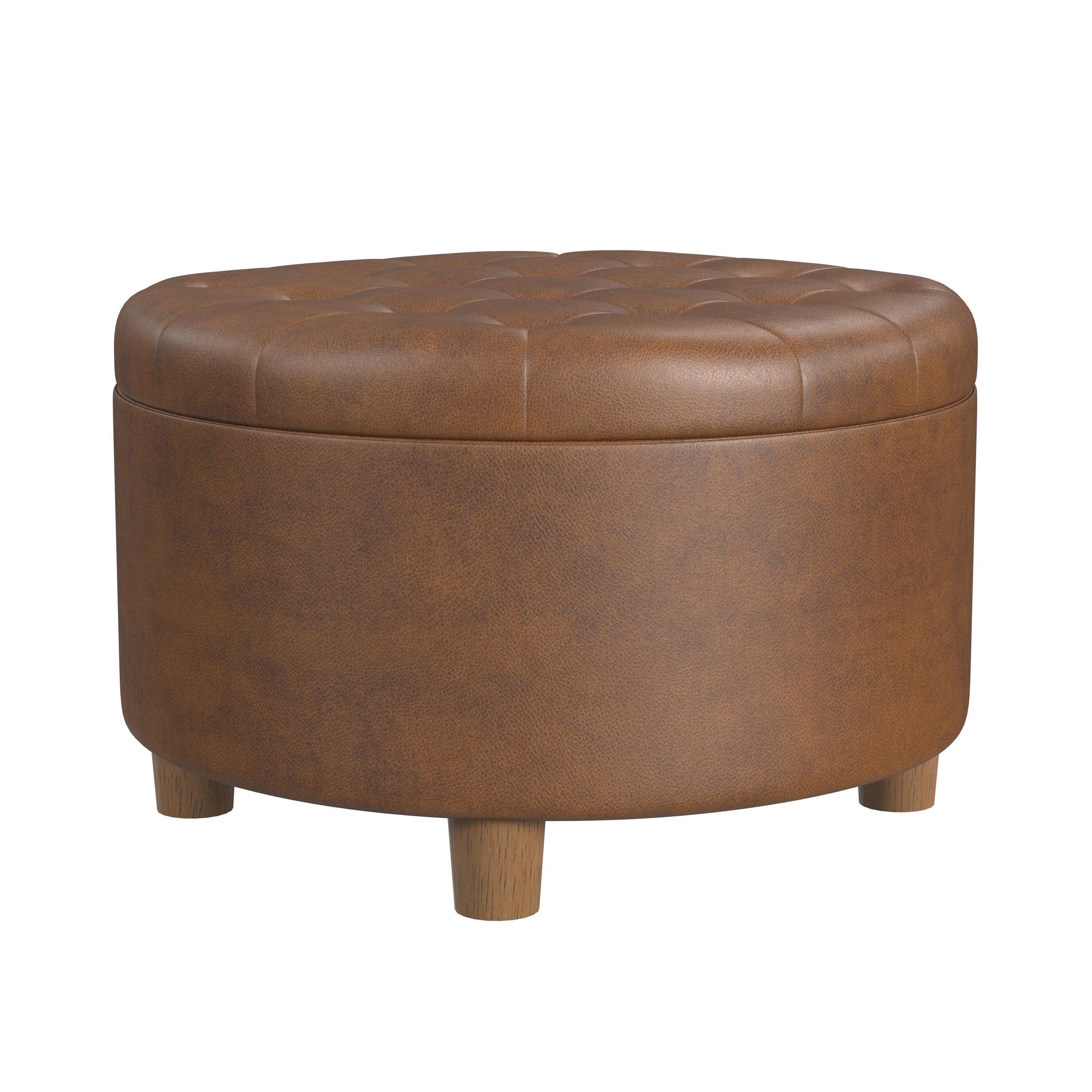 HomePop Tufted Faux Leather Round Storage Ottoman Brown: Upholstered Traditional Decor, Hardwood Frame