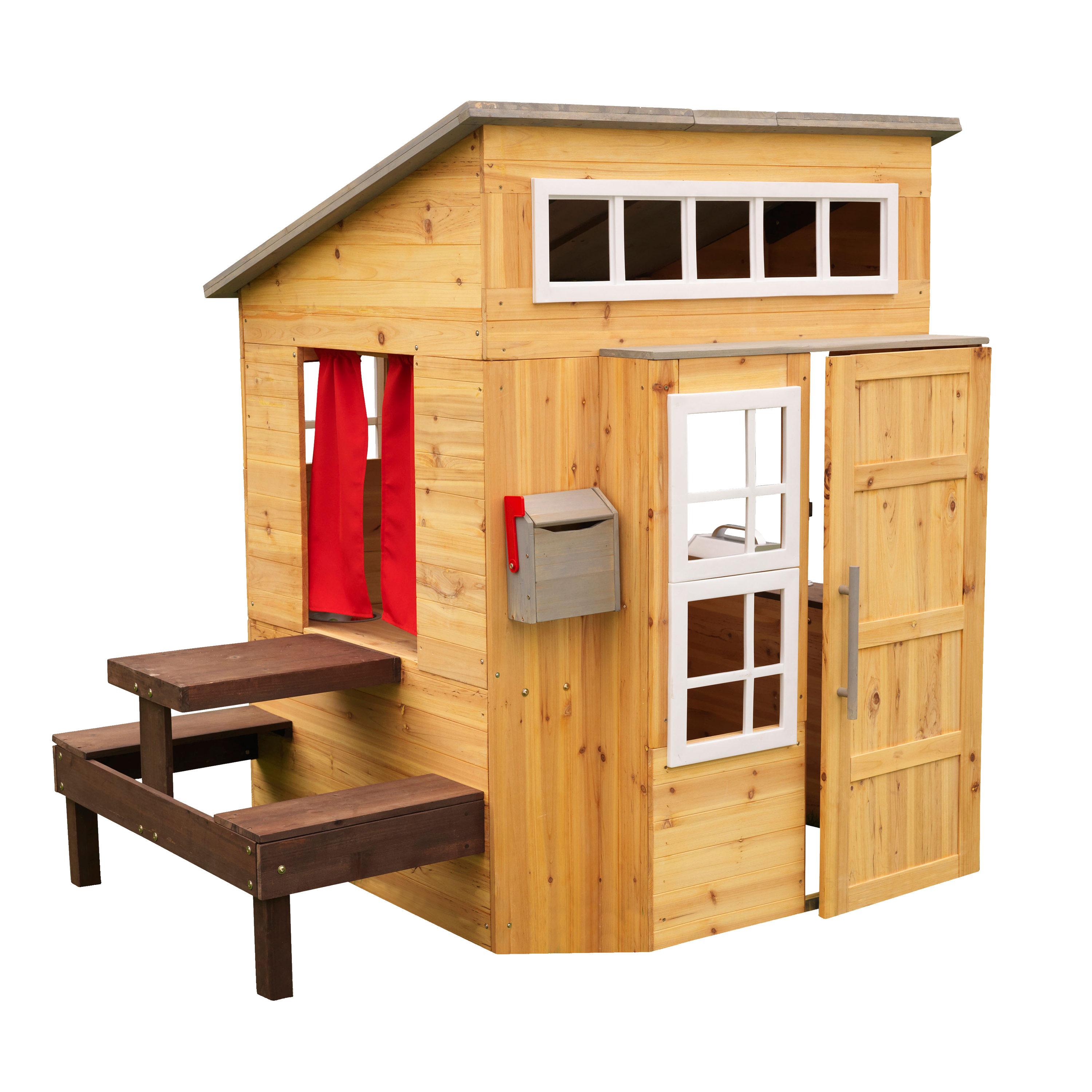 Modern Outdoor Wooden Playhouse with Picnic Table, Mailbox and Outdoor Grill