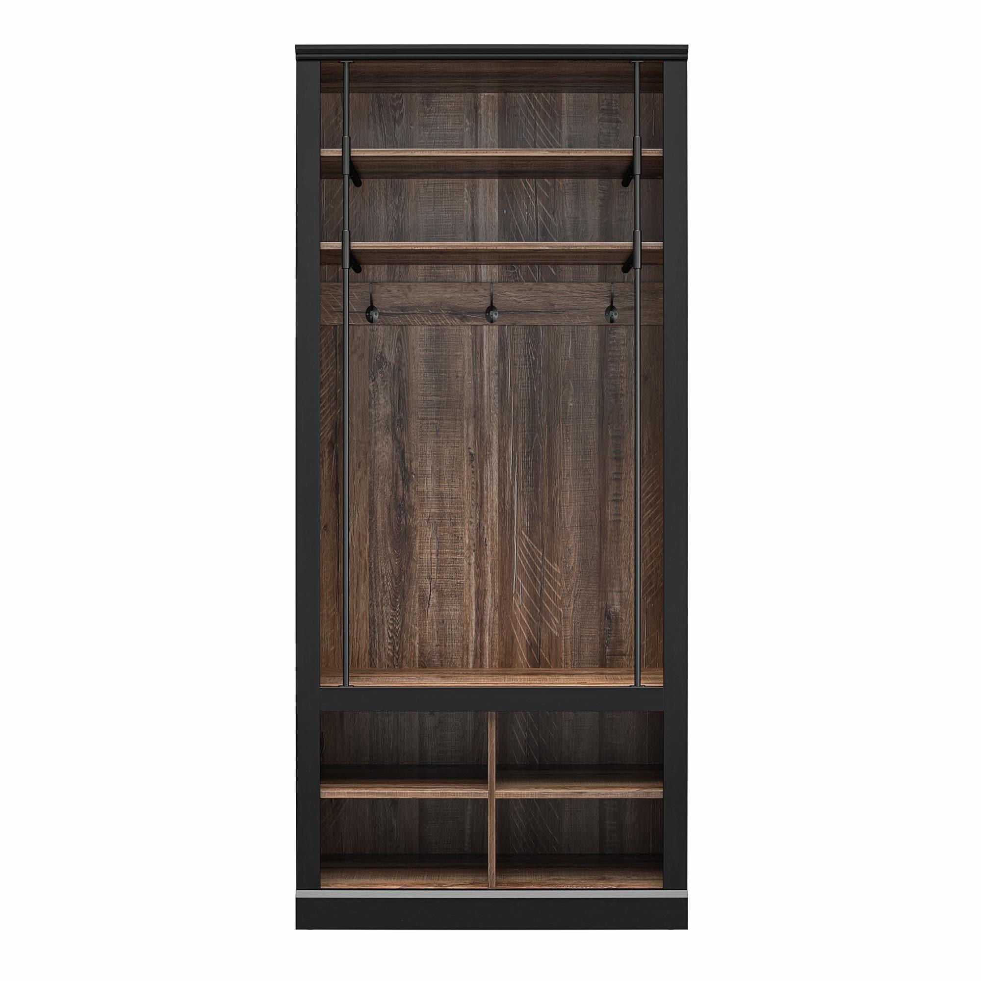 Ameriwood Home Hoffman Entryway Hall Tree with Bench and Storage Cubbies, Black and Walnut