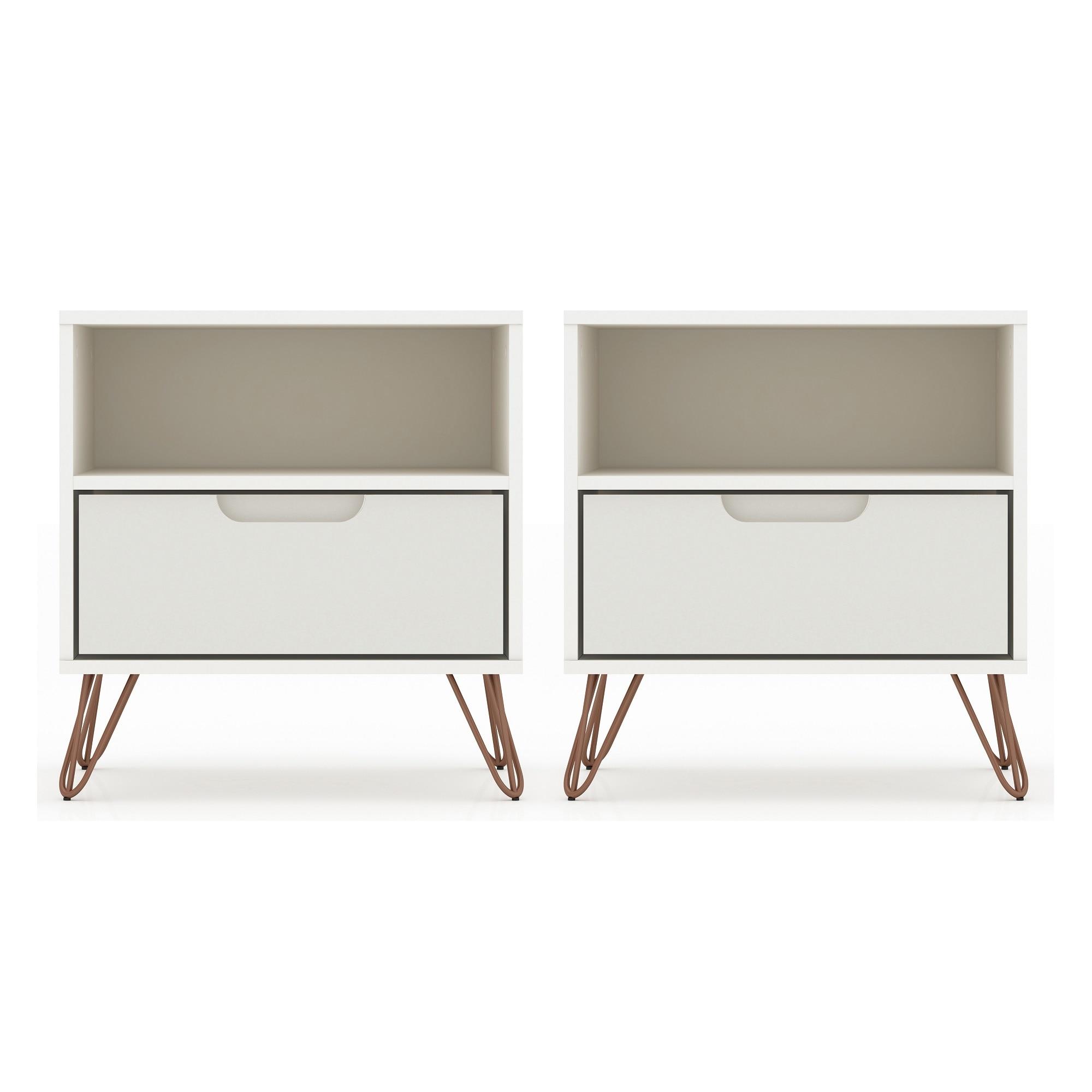 Set of 2 Rockefeller 1 Drawer Nightstands Off White - Manhattan Comfort: Mid-century Design, Metal Legs, Concealed Storage