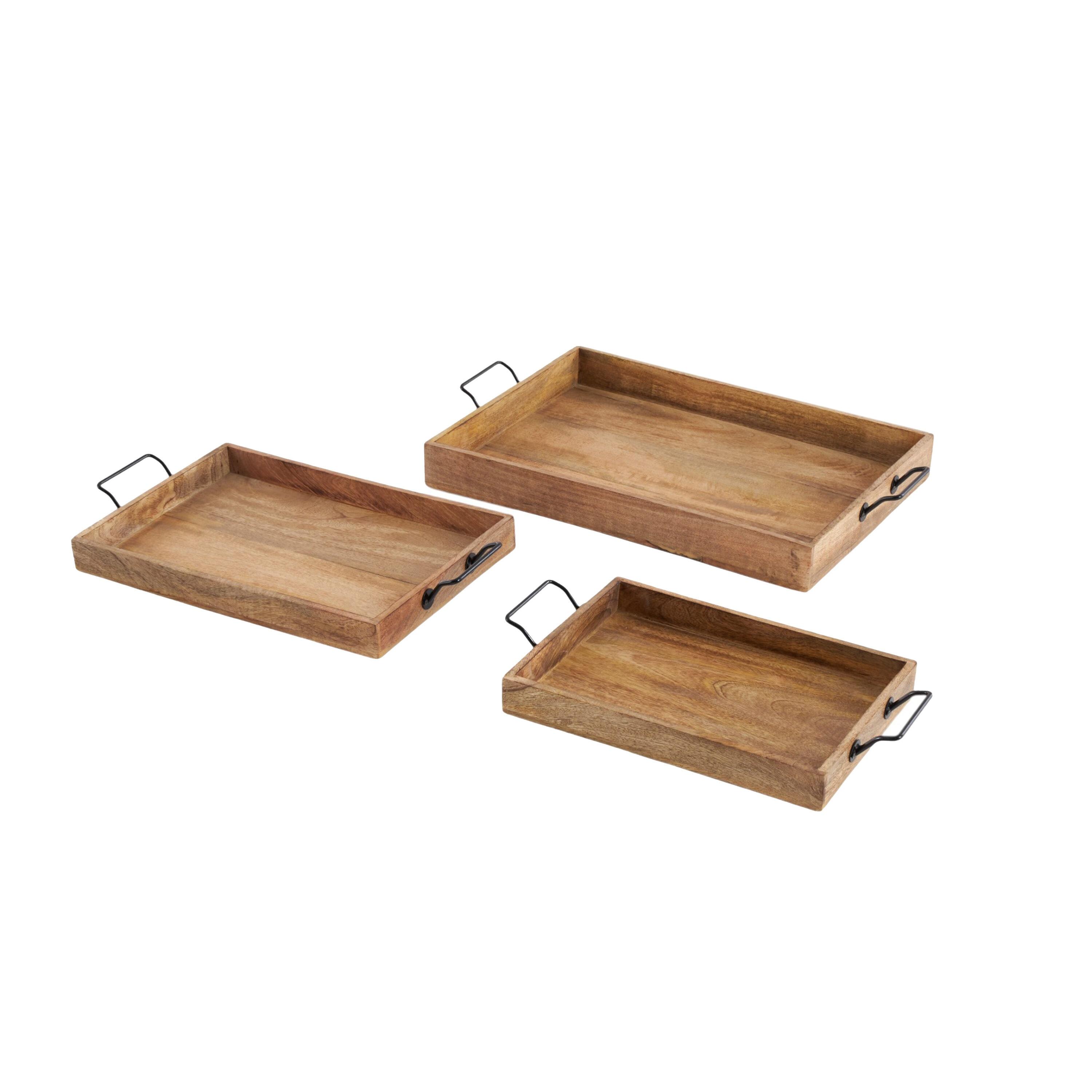 Set of 3 Farmhouse Slat Style Mango Wood and Iron Trays Brown - Olivia & May: Ottoman, Basket Design, 24-Inch
