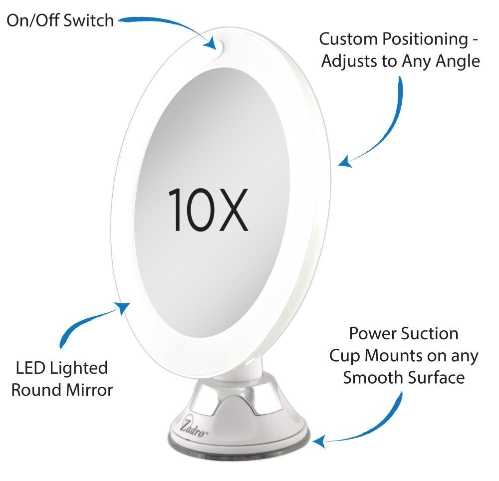 LED Lighted Swivel Power Suction Cup Mirror - Zadro: 10x Magnifying, Battery Operated, Round Vanity Mirror