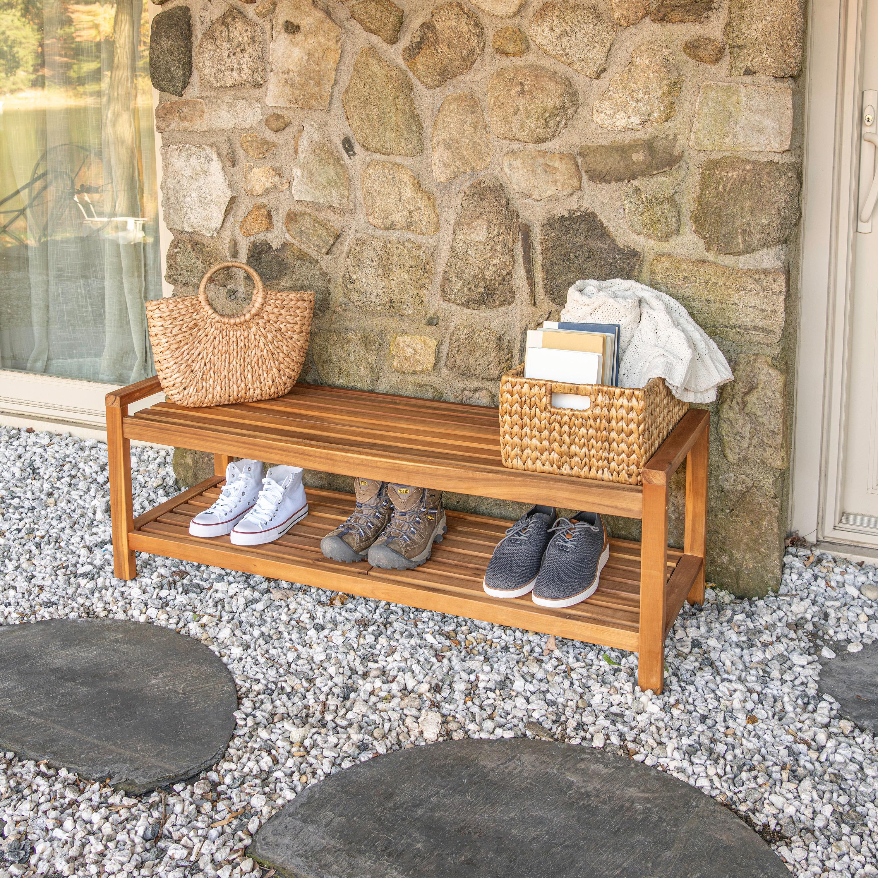 Blane 3-Seat Mid-Century Modern Acacia Wood Slat Outdoor Garden Patio Bench, Teak - JONATHAN Y