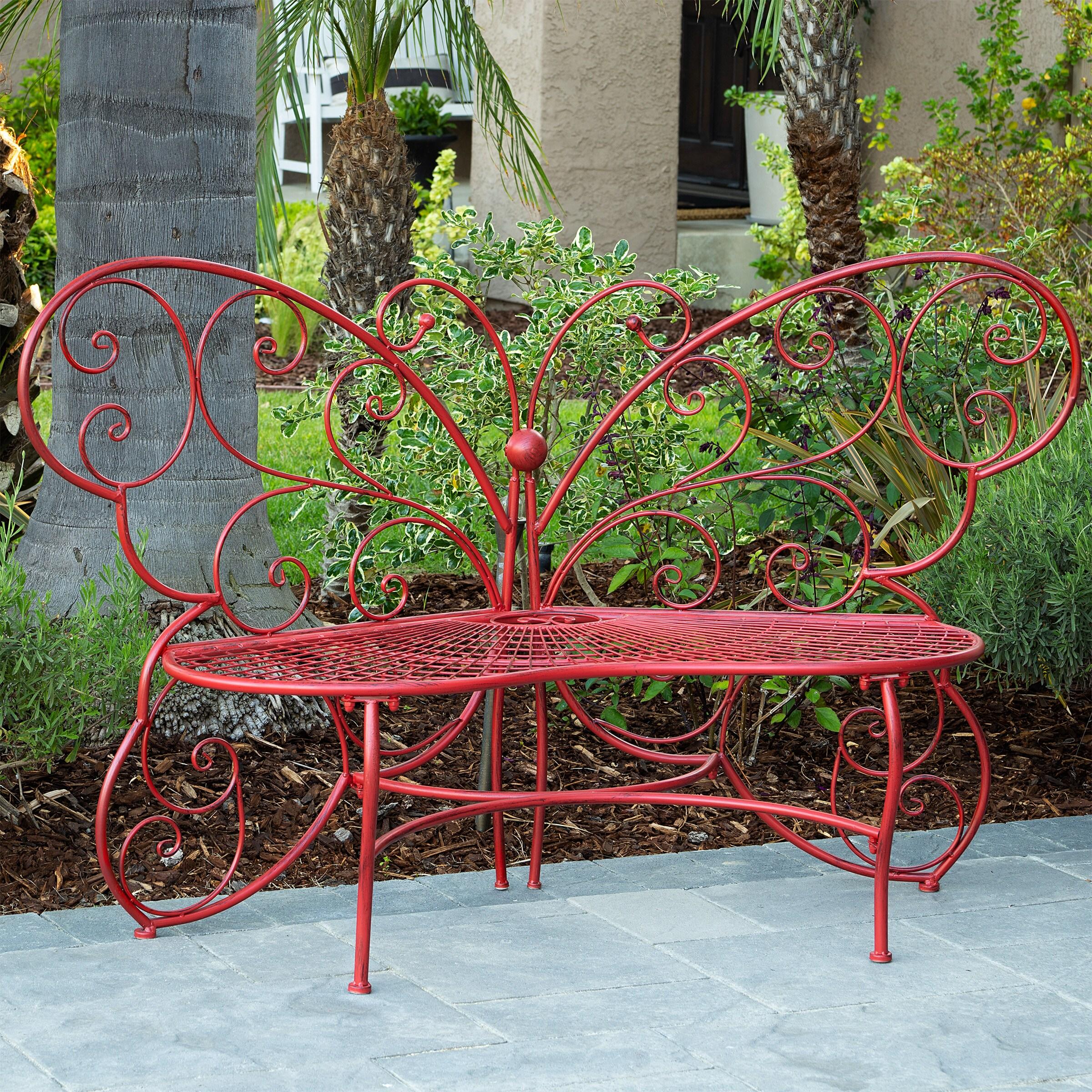 Butterfly Metal Bench Red - Alpine Corporation: Durable Garden Seating, Weather-Resistant Iron Construction