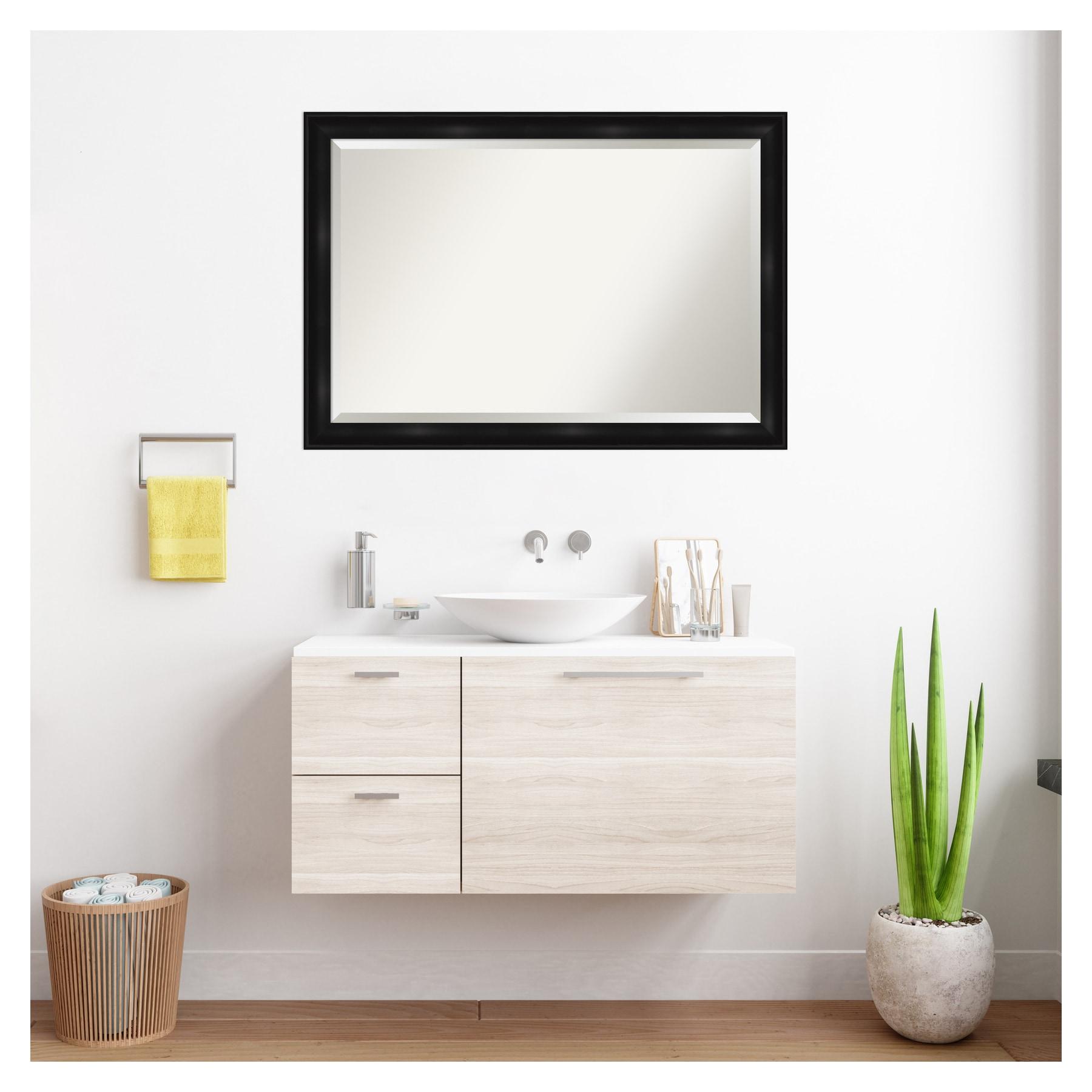 Amanti Art Beveled Bathroom Wall Mirror - Grand Black Narrow Frame Outer Size: 40 x 28 in