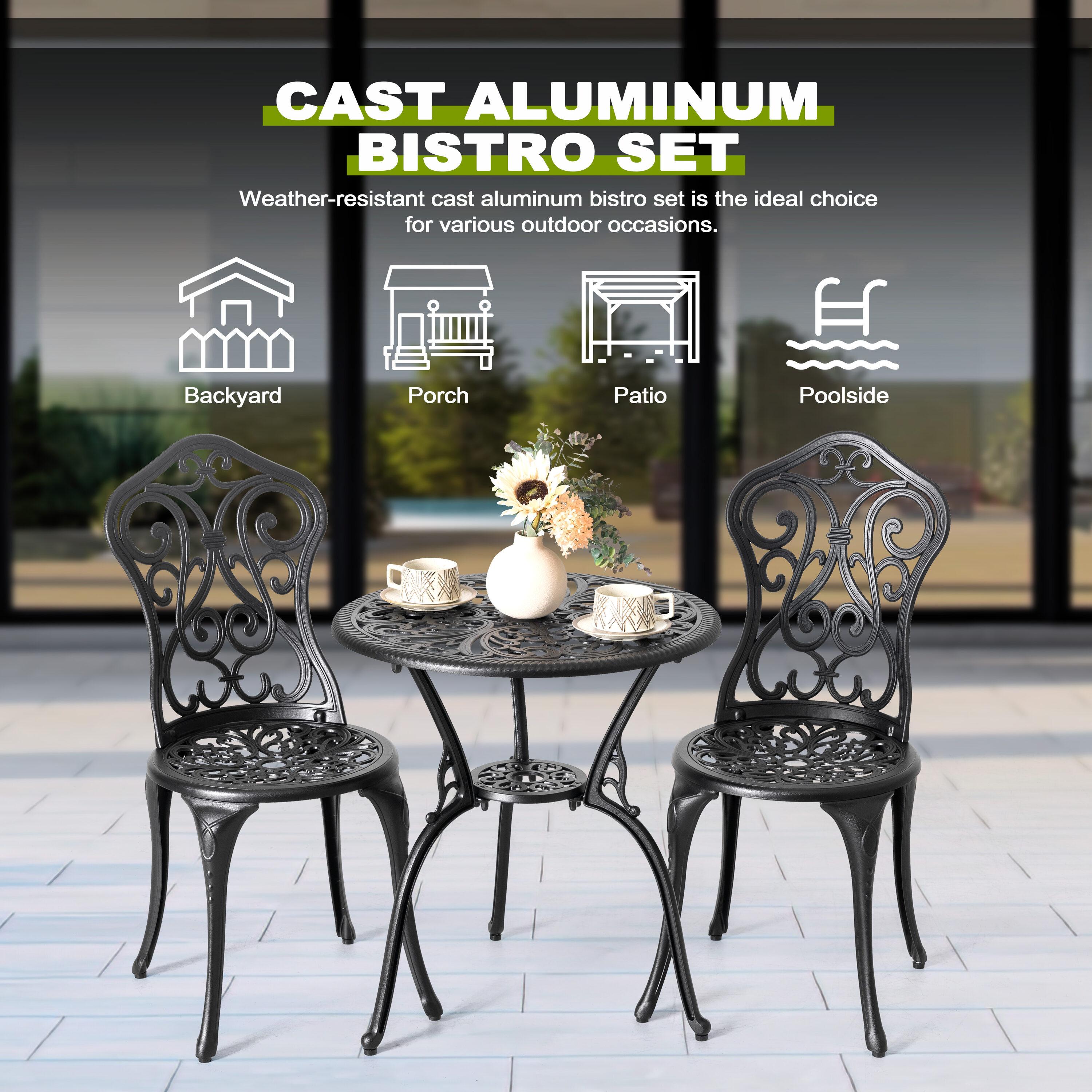 Black Cast Aluminum 3-Piece Outdoor Bistro Set with Floral Design