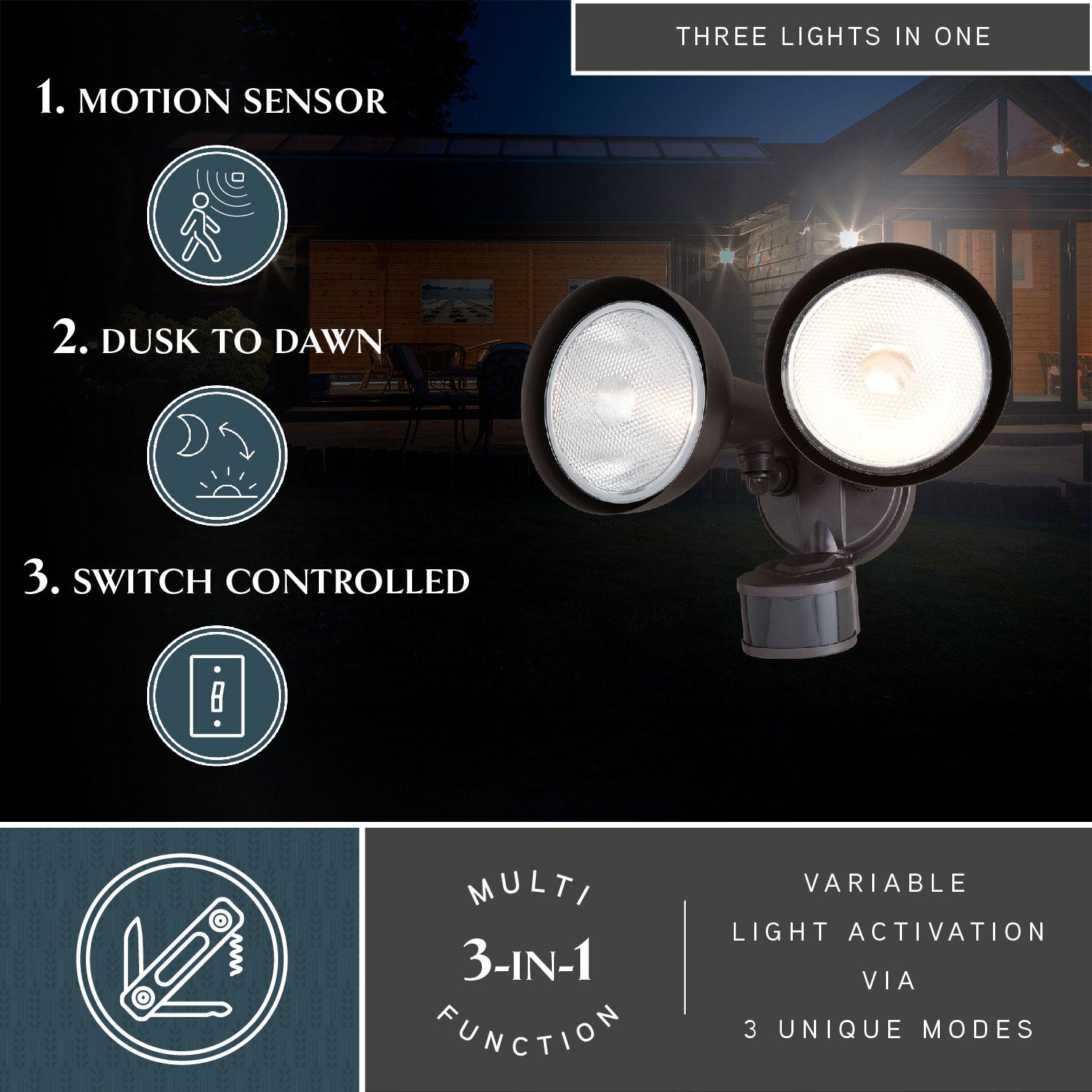 2 - Head Hardwired Dusk to Dawn Outdoor Security Flood Light with Motion Sensor and Timer