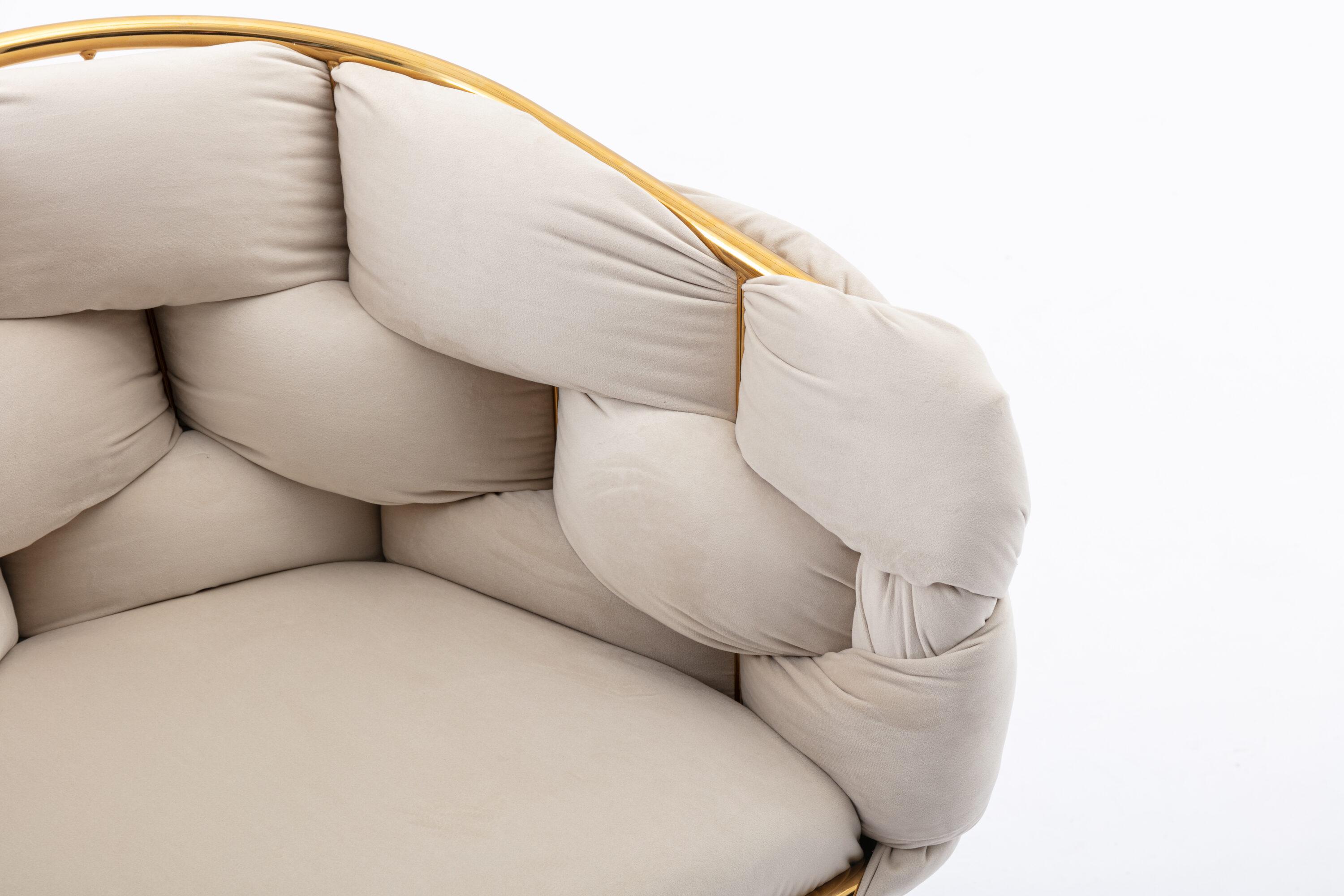 1 PC Modern Velvet Upholstered Accent Chair with Curved Tufted Backrest, Beige-ModernLuxe