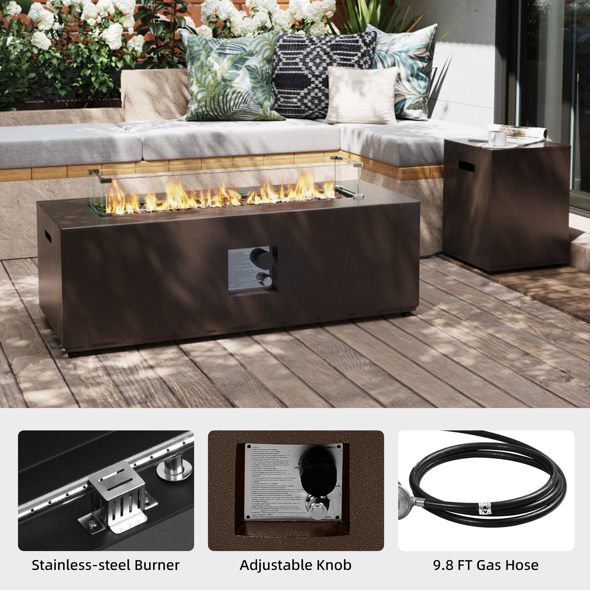 UPHA 42-inch Outdoor Propane Rectangle Fire Pit Table 50000 BTU Iron Gas FirePit for Outside Patio with Tank Cover, Removable Lid, Lava Rocks, Rain Cover, Brown