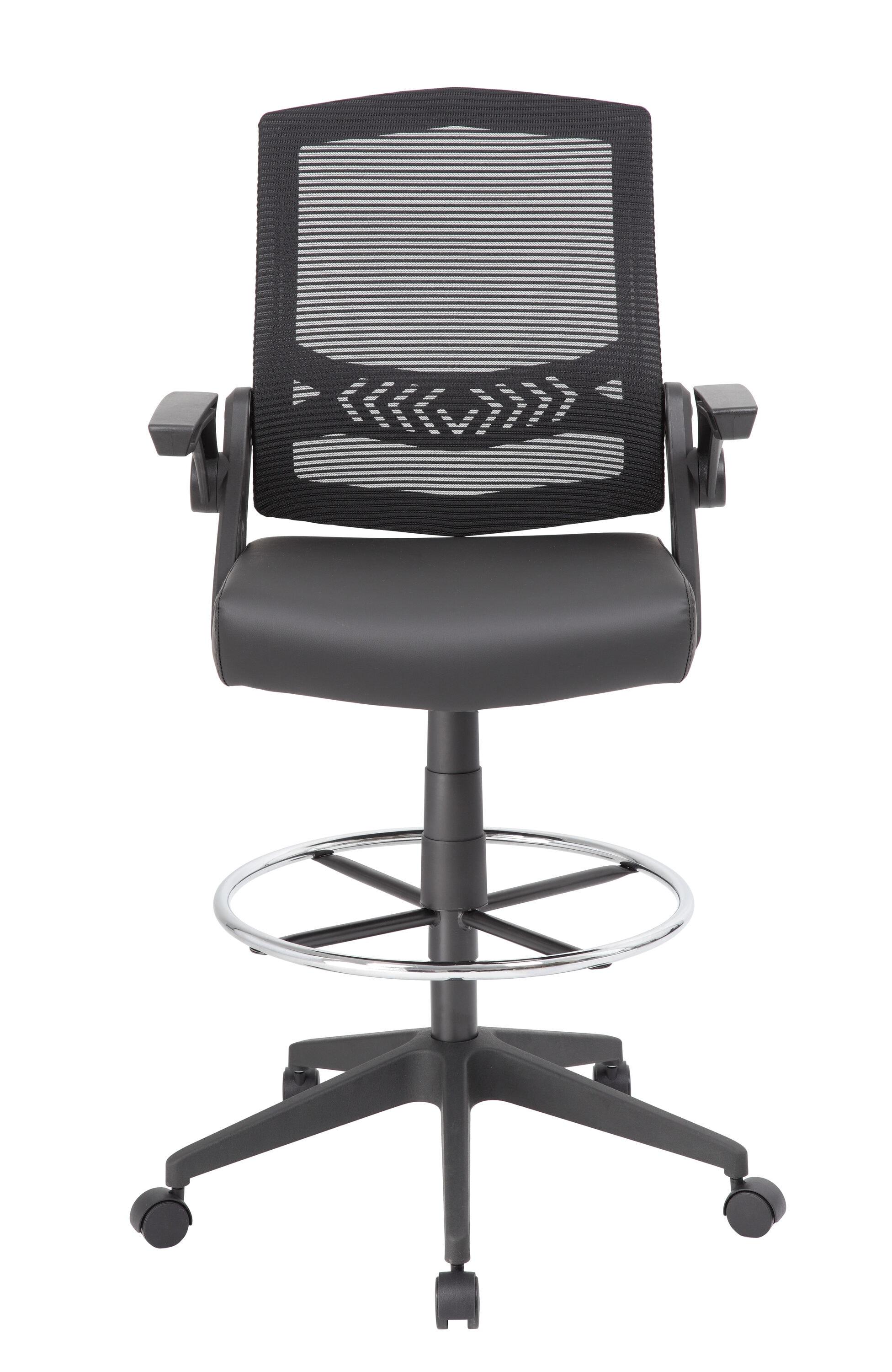 Boss Office Products Drafting Stool with Flip Arms Mesh Black: Adjustable for Tall Desks, Ergonomic Design, Nylon Frame