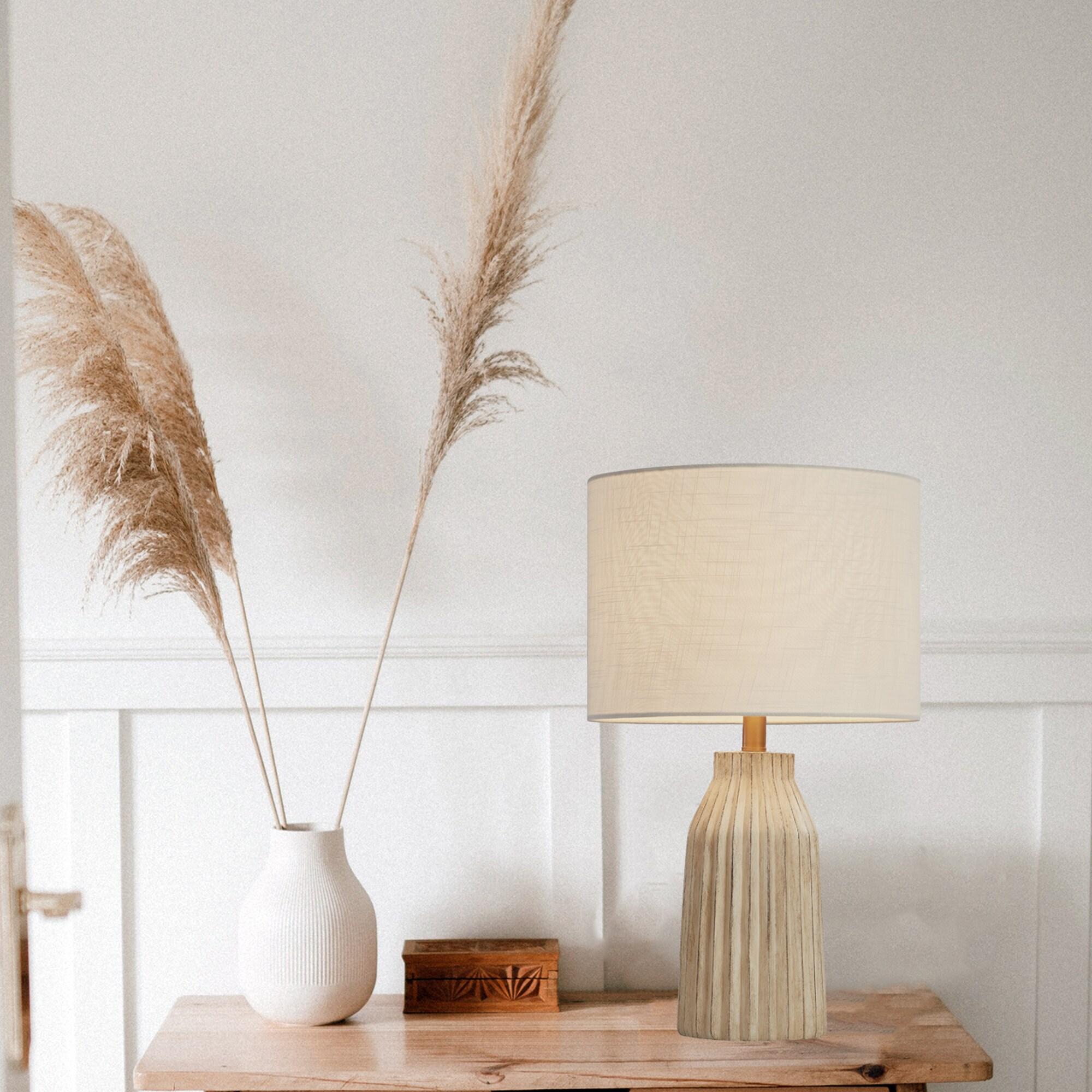 KAWOTI 24" Farmhouse Resin Table Lamp, Weathered White Table Lamp with Bamboo Pattern Shade for Bedroom