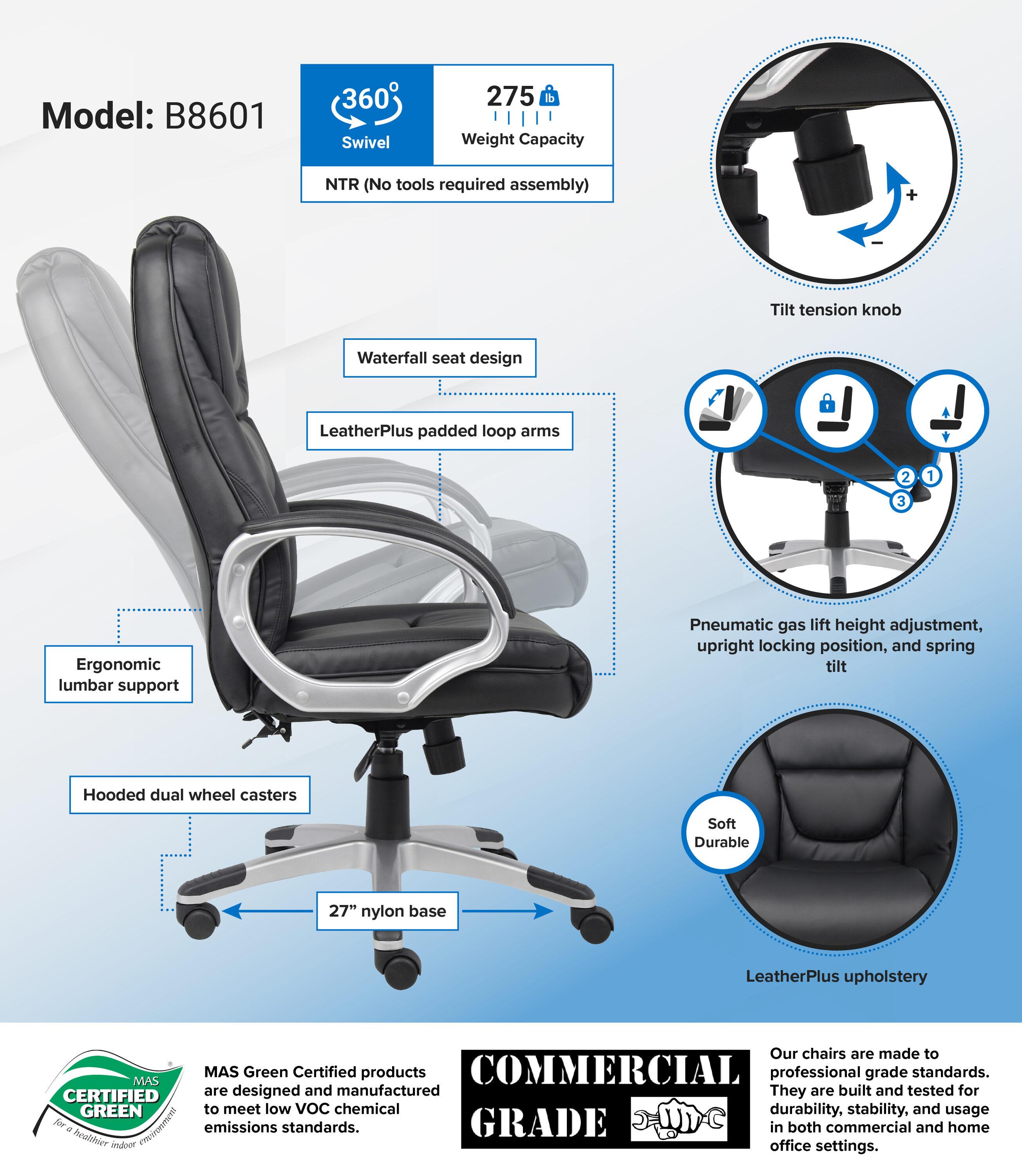 Executive Leatherplus Chair Black - Boss Office Products: High Back, Waterfall Seat, No Tool Assembly