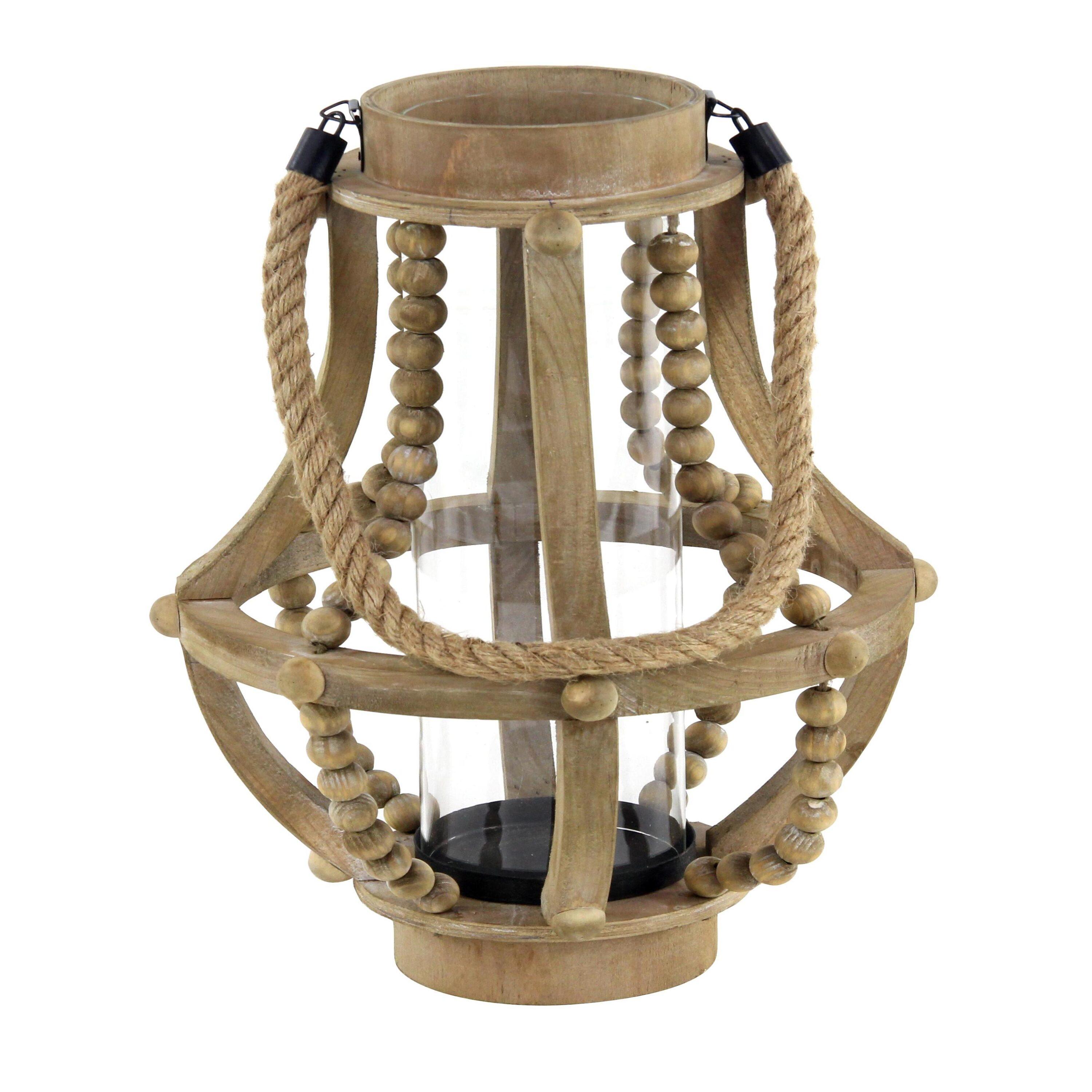Olivia & May 16" x 10" Rustic Wood/Glass Candle Holder with Rope Handle Beige : Wooden Lantern, Tall Pillar Style