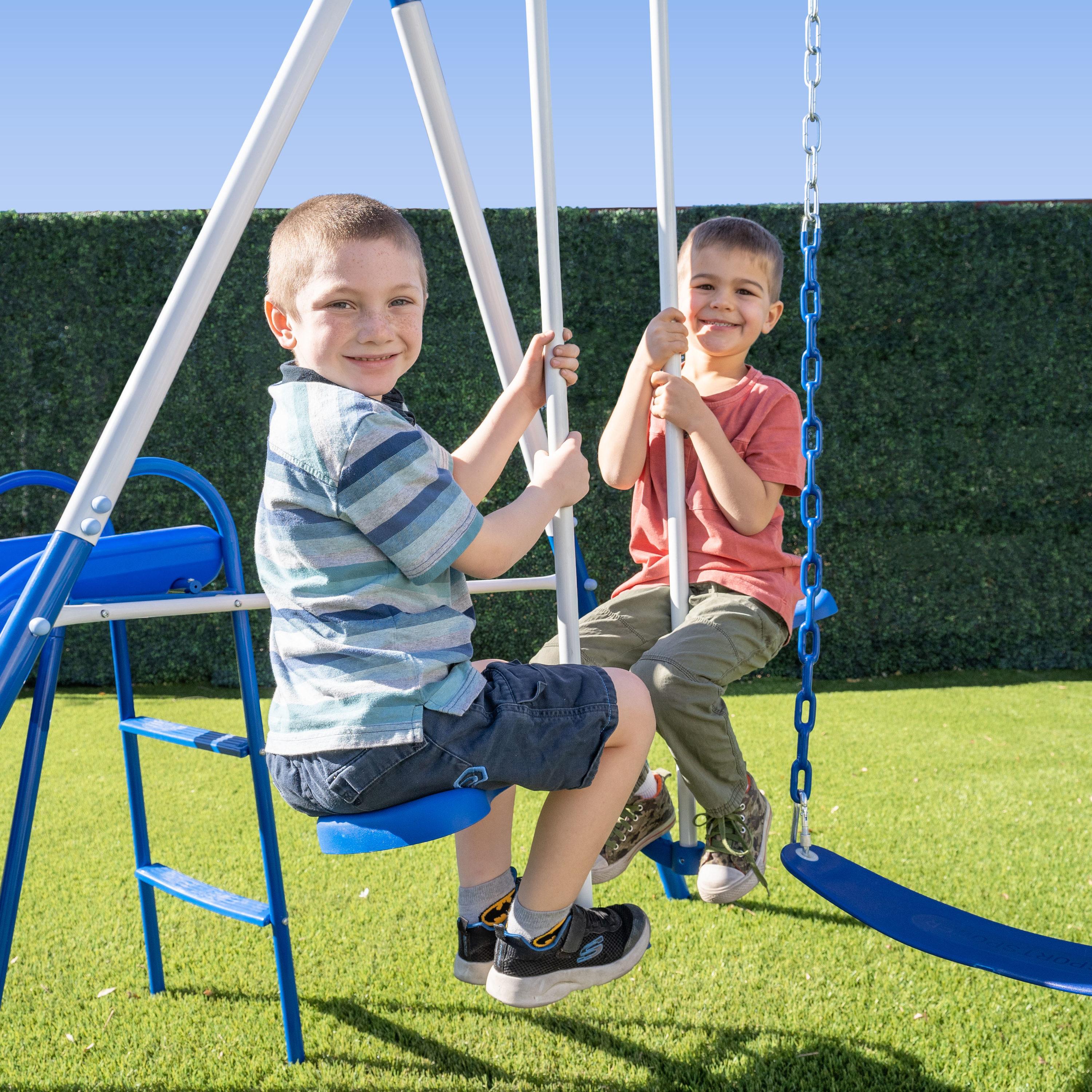 Sportspower Albany Metal Swing Set with 2 Person Glider Swing, 2 Adjustable Sling Swing Seats, and 5' Double Wall Slide with Lifetime Warranty