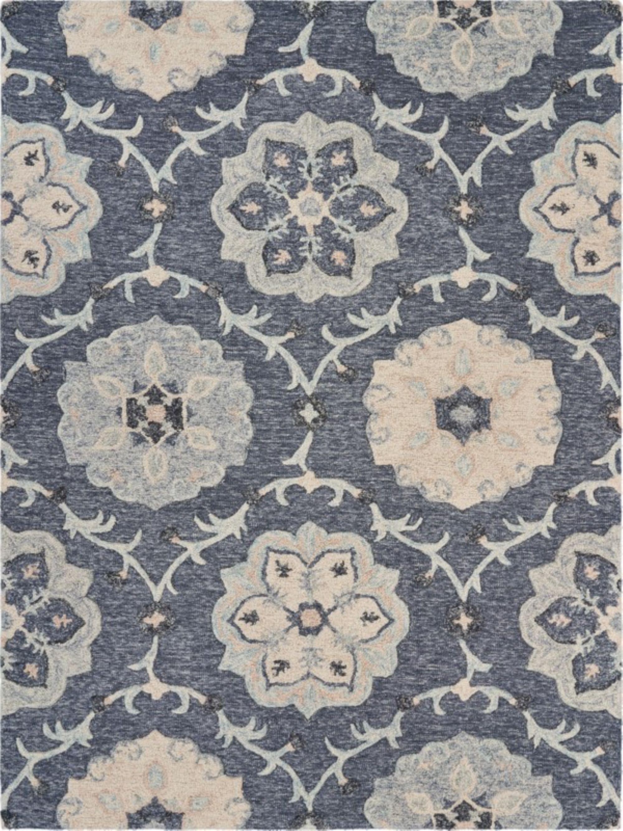 LR Home Aiden 7' x 9' Blue and Gray Floral Wool Indoor Area Rug