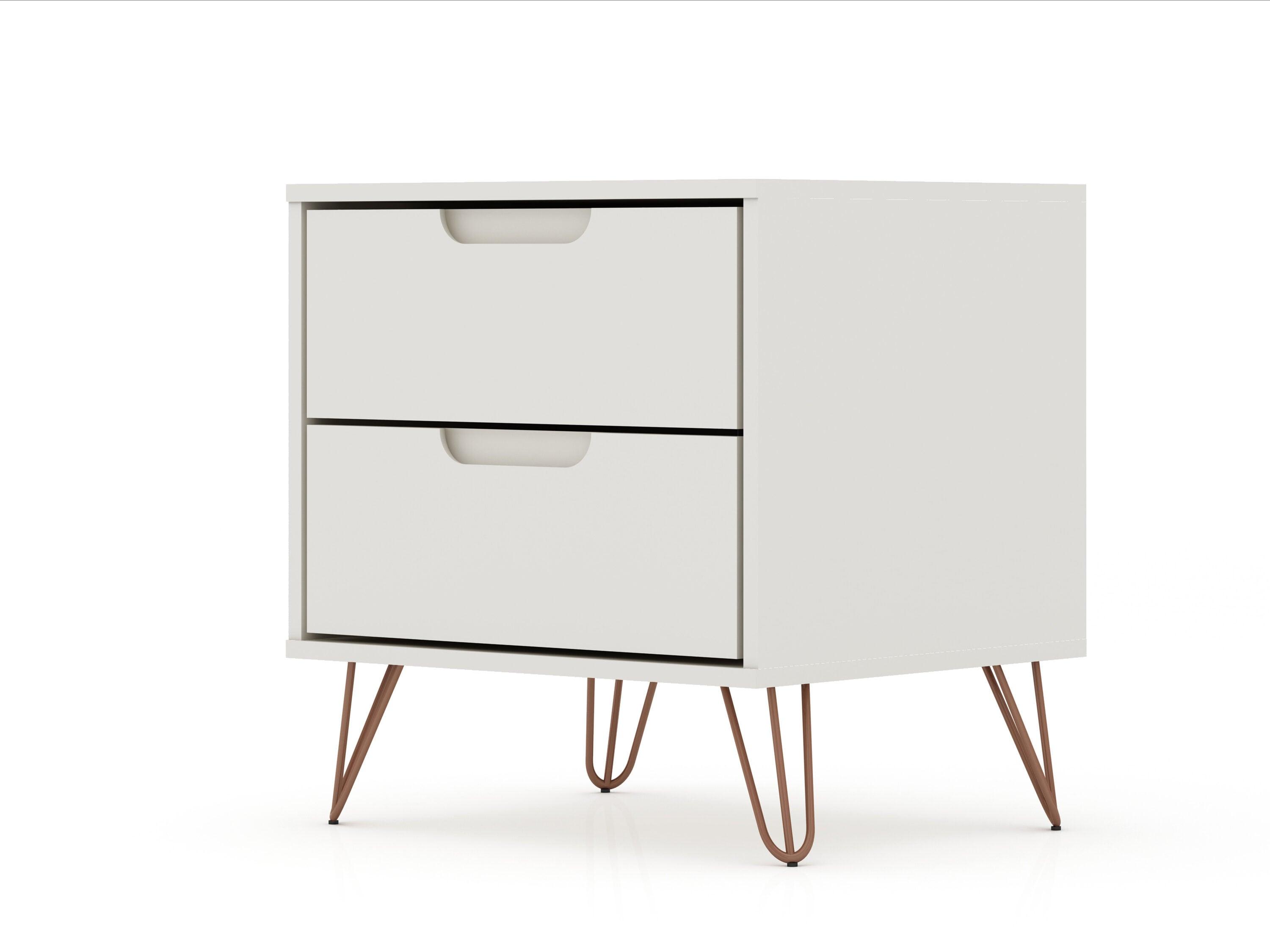 Manhattan Comfort 2.0 Rockefeller Nightstand Off White/Natural: Mid-Century Design, Splayed Metal Legs, Dual Drawers