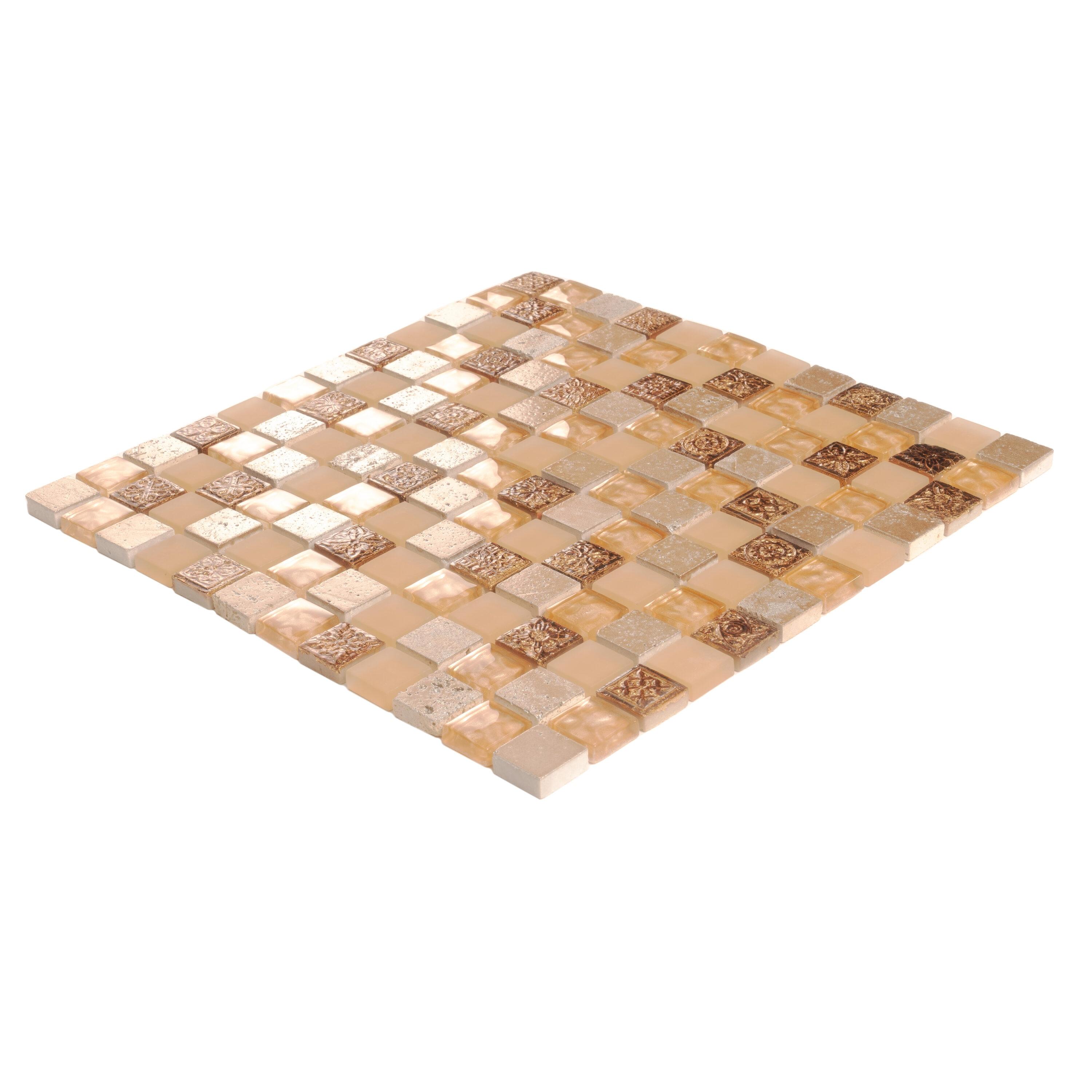 Beige and Brown Polished Glass and Stone Mosaic Tile