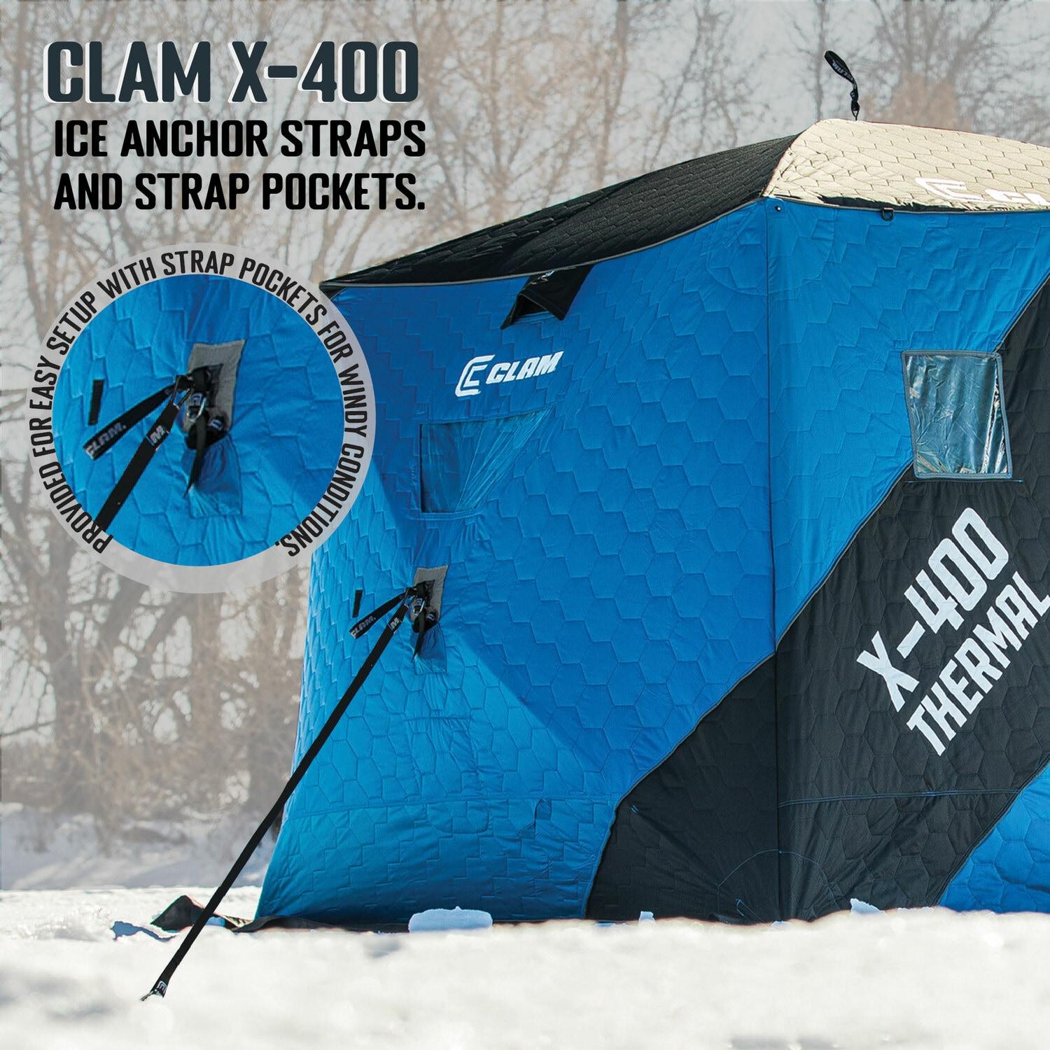 CLAM 17479 X-400 Portable 3 to 4 Person 8-Foot Pop-Up Ice Fishing Angler Thermal Hub Shelter Tent with Anchor Straps and Carrying Bag