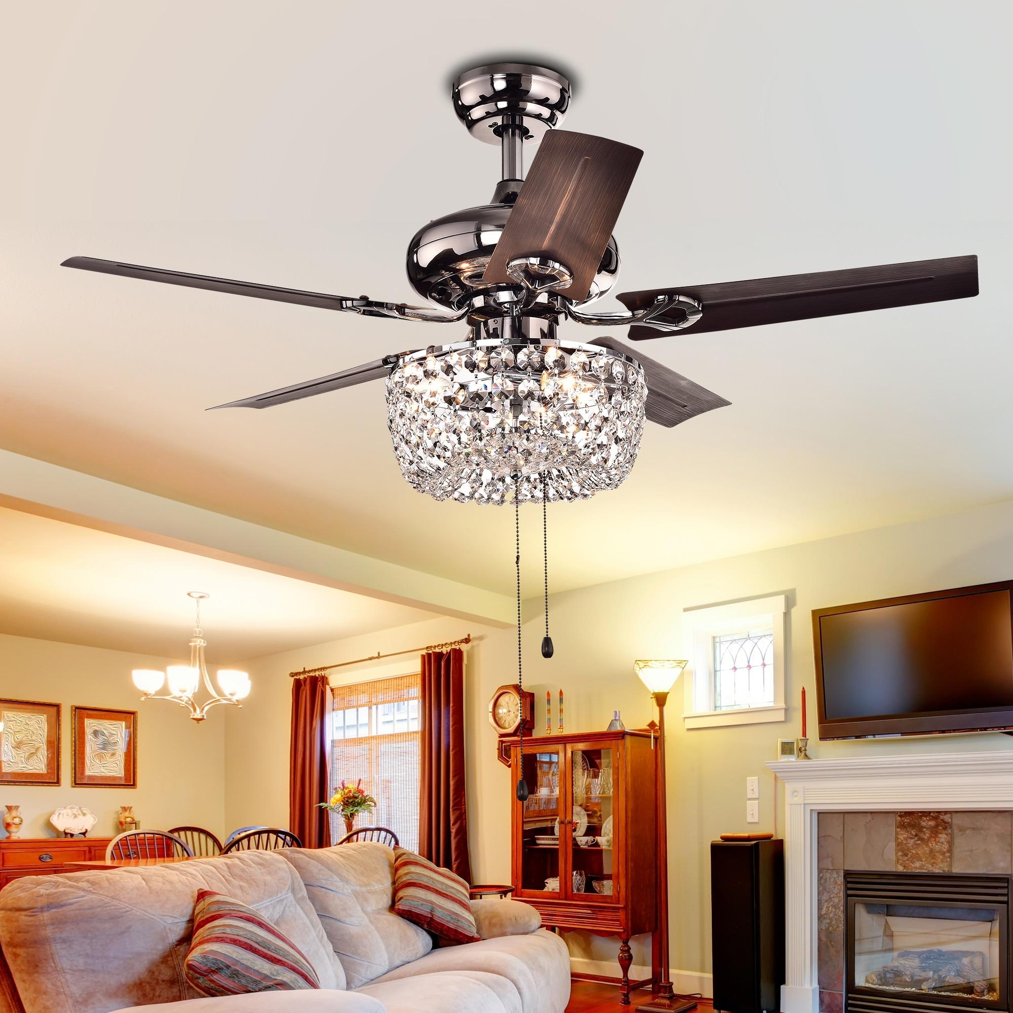 Warehouse Of Tiffany Angel 3-Light Crystal Chandelier 5-Blade Brown Ceiling Fan with Pull Chain
