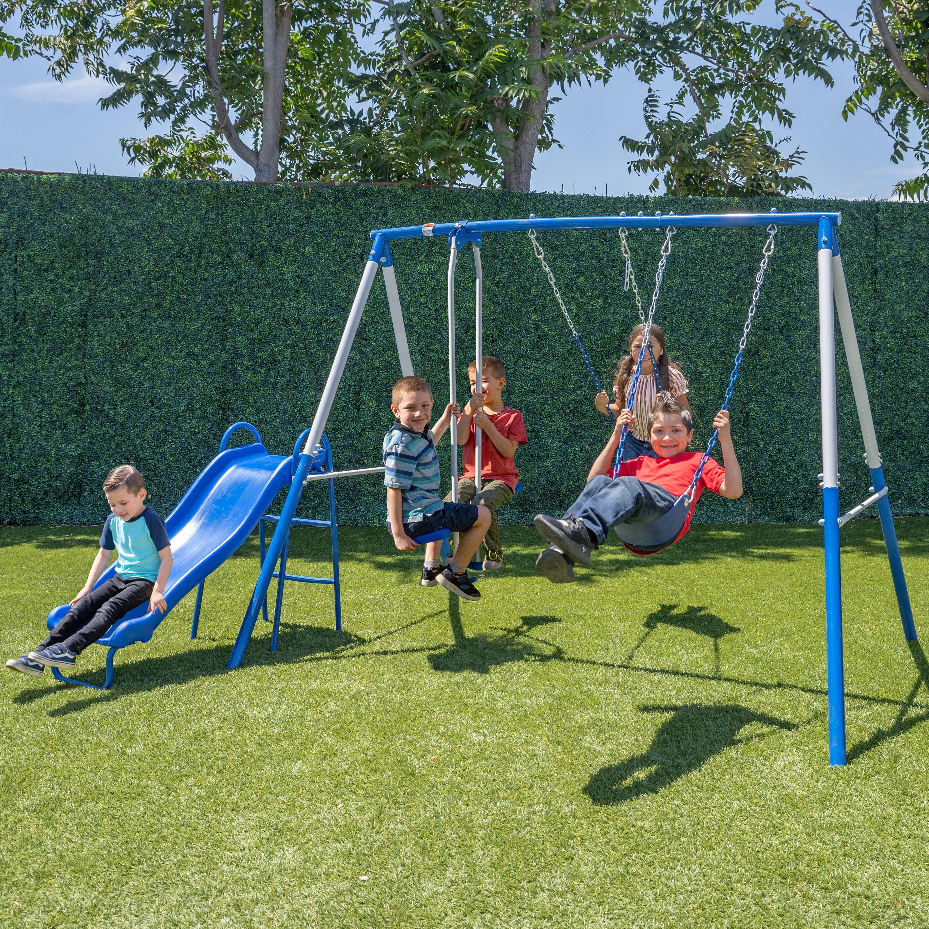 Sportspower Albany Metal Swing Set with 2 Person Glider Swing, 2 Adjustable Sling Swing Seats, and 5' Double Wall Slide with Lifetime Warranty