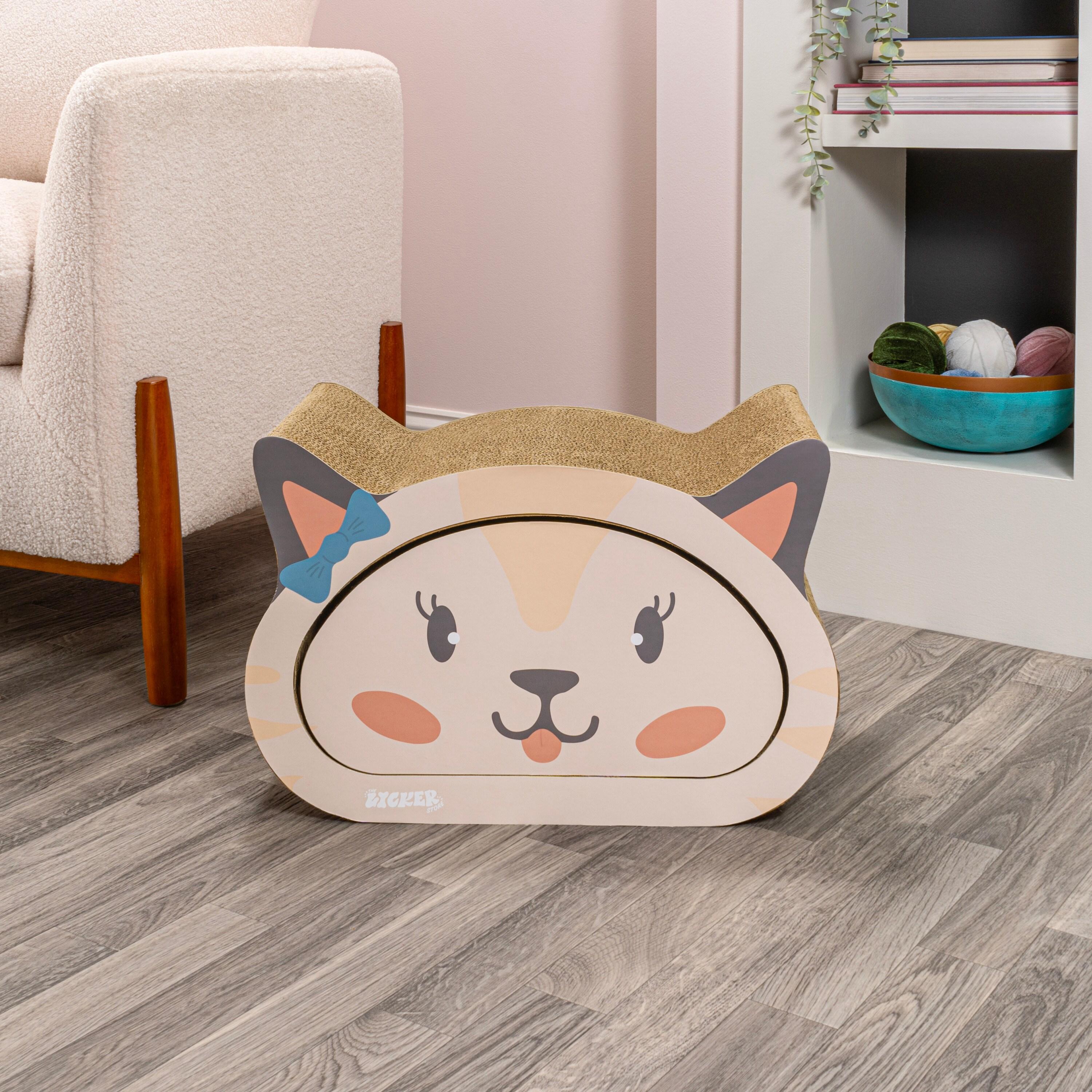 Opal 19" Modern Cardboard Happy Cat Head 2-in-1 Cat Cave Scratcher with Built-In Bell Toys and Catnip, Cream/Peach