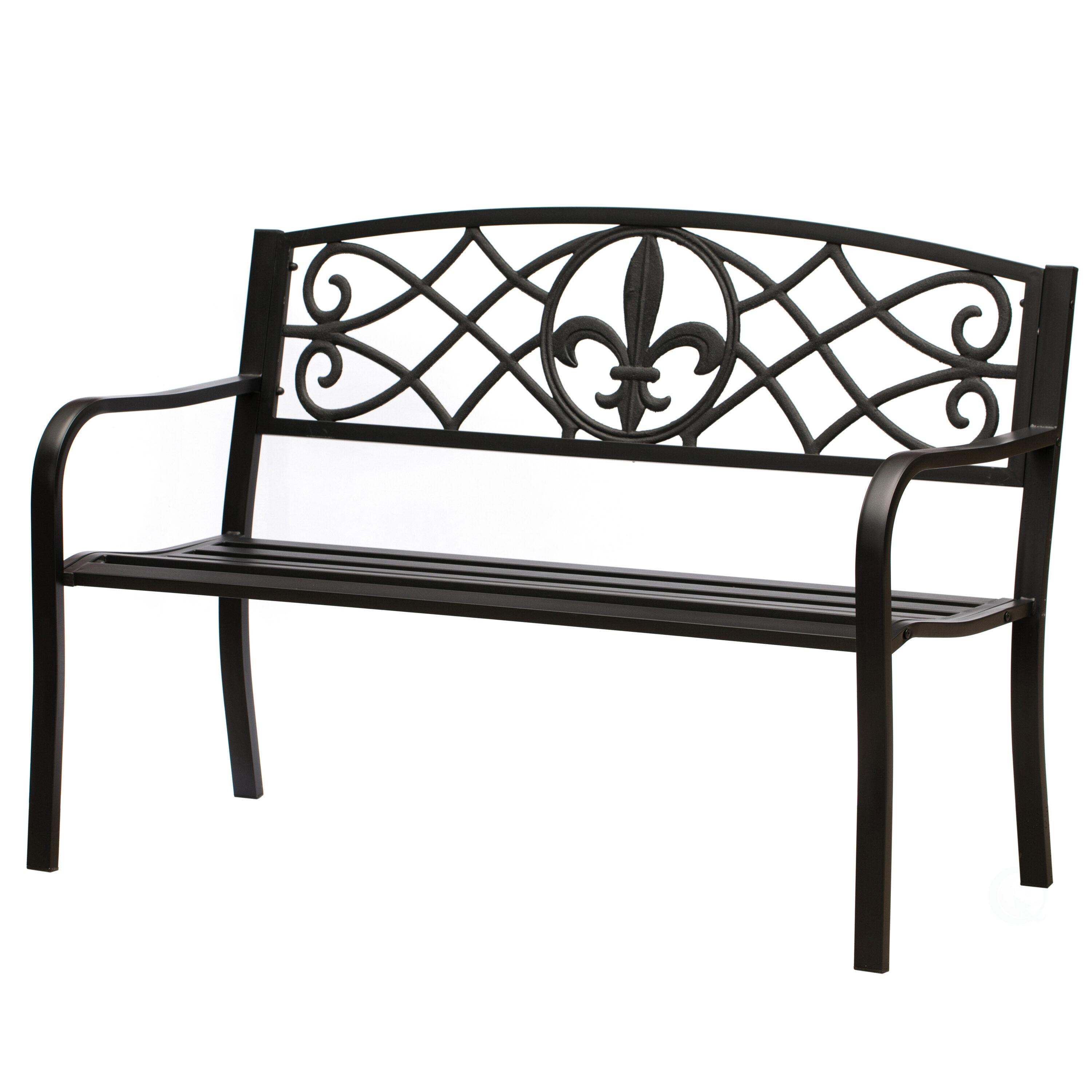 Outdoor Garden Patio Steel Park Bench Lawn Decor with Cast Iron Unique Design Back, Black Seating Bench for Yard, Patio, Garden, Balcony, and Deck