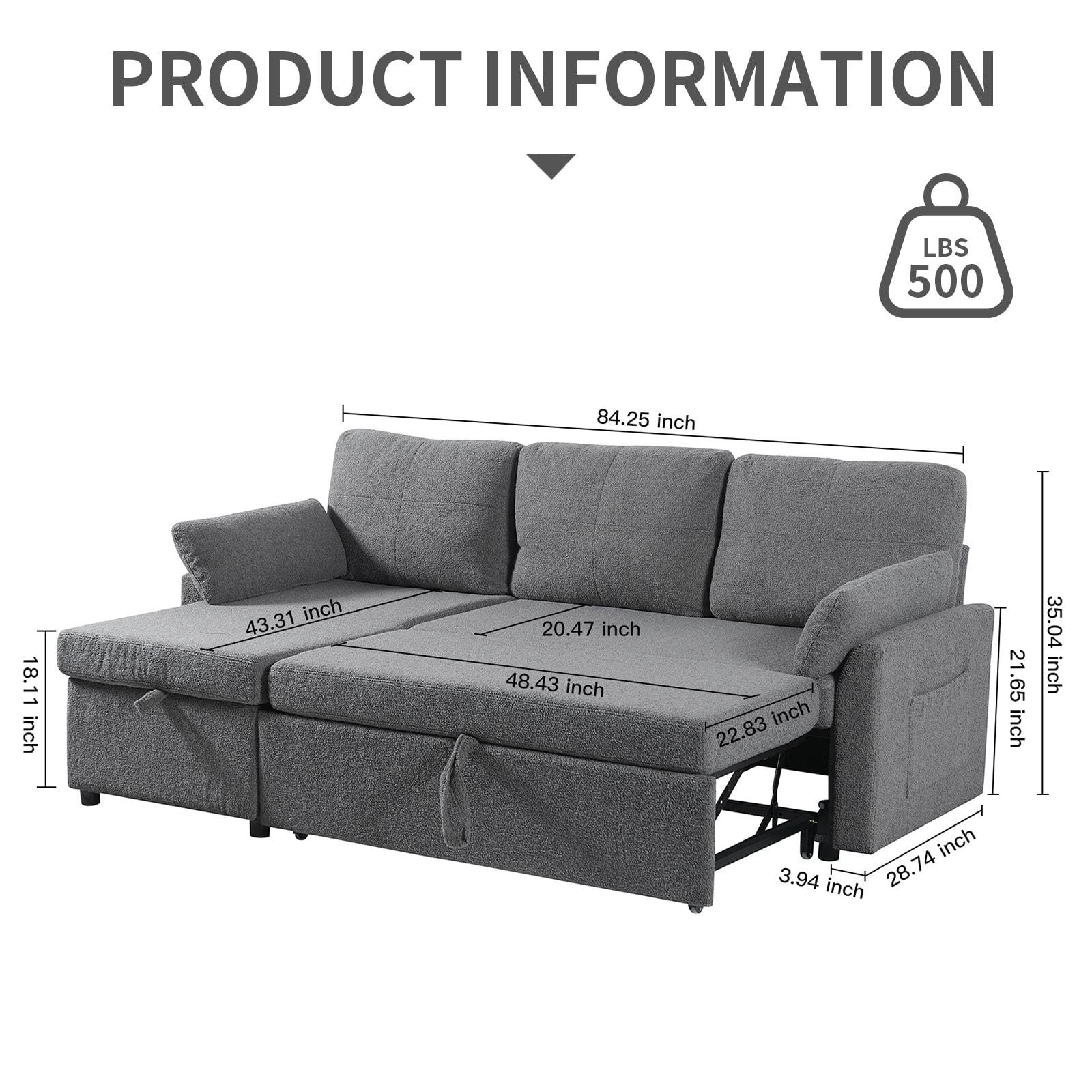 84.2" Sleeper Sofa Bed,Pull Out Sofa Bed with Storage Chaise L Shape Sectional Sofa Bed in Gray