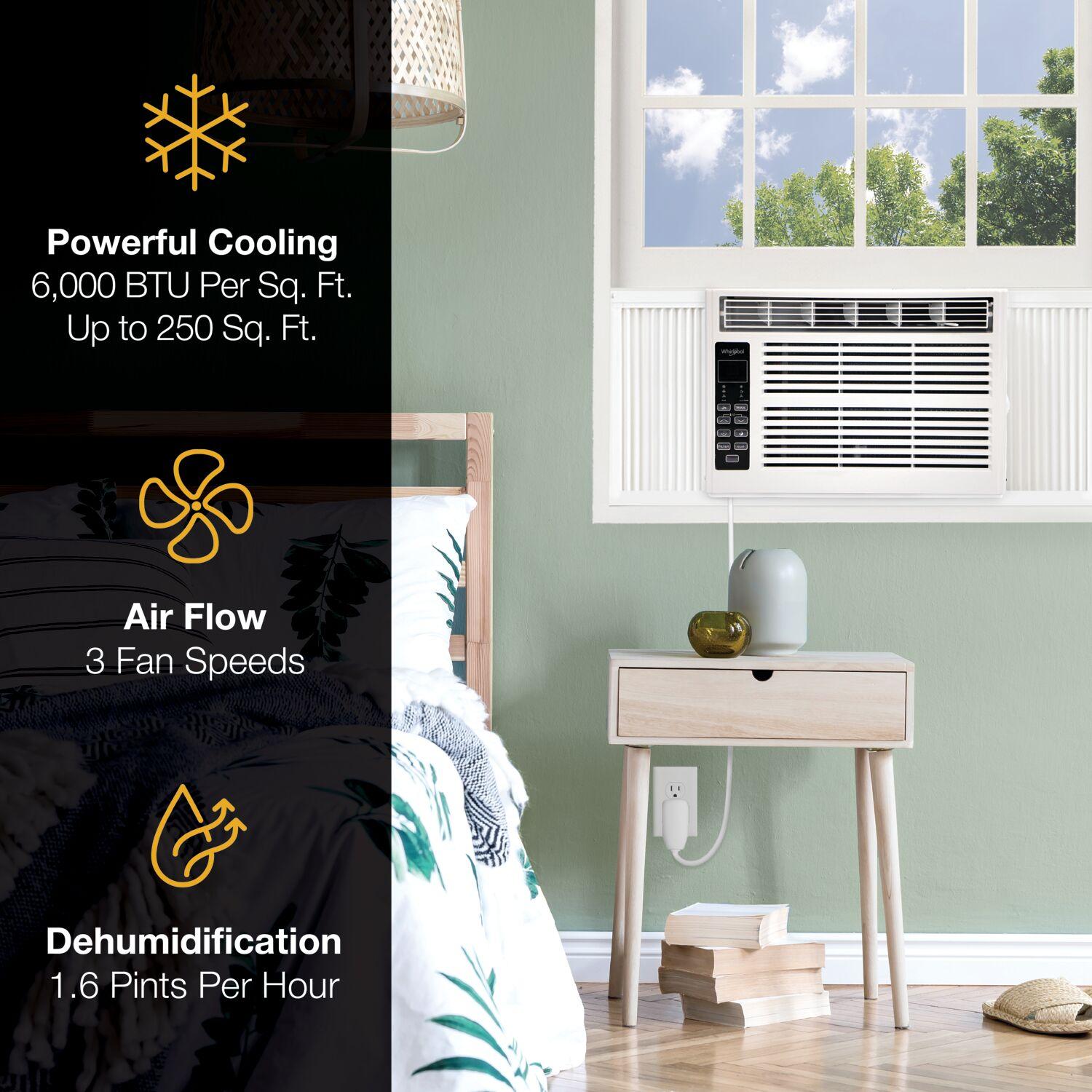 Whirlpool 6000 BTU 115V Window Mounted Air Conditioner and Dehumidifier: 3 Speeds, 8-Way Air Control, 200-500 sq. ft.