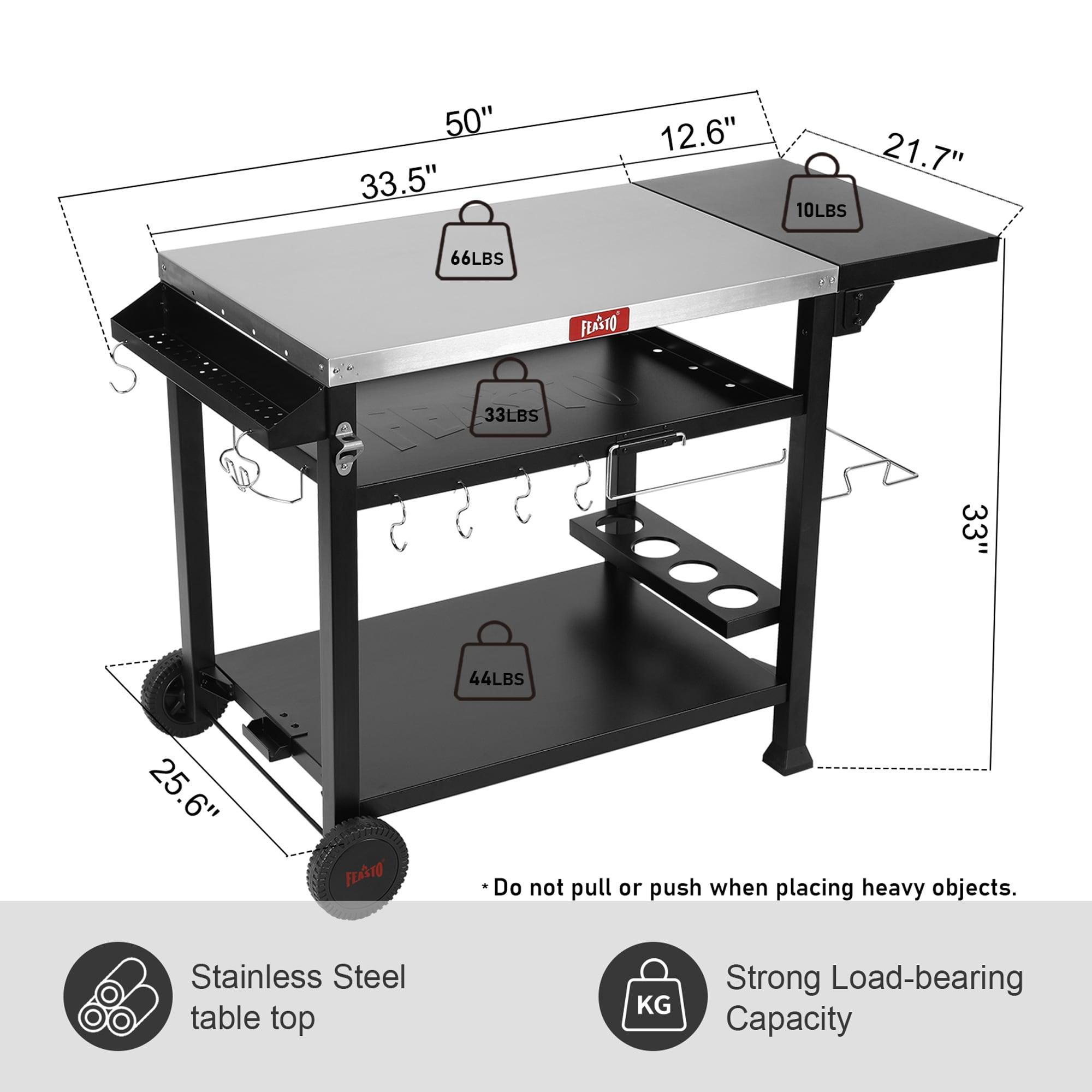 50 in. Three-Shelf Stainless Outdoor Movable Food Prep Grill Cart Table with Fordable Side Table