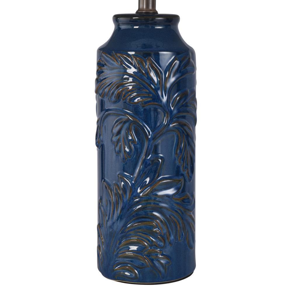 Set of 2 Cloverfield Ceramic Table Lamps Navy Blue - StyleCraft: Botanical Pattern, White Linen Shade